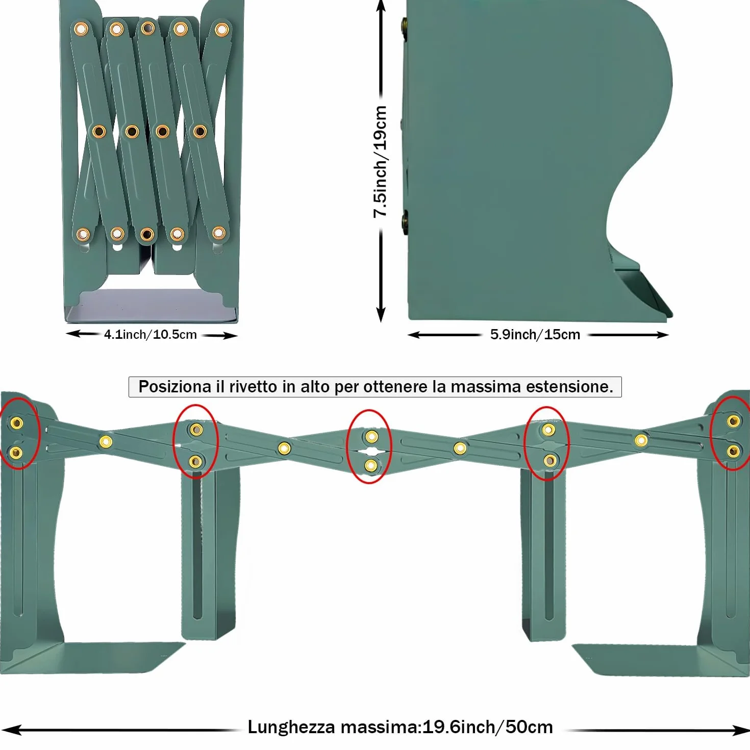 DARUITE Regolabili in Metallo Antiscivolo Fermalibri Biblioteca Verde 50 cm