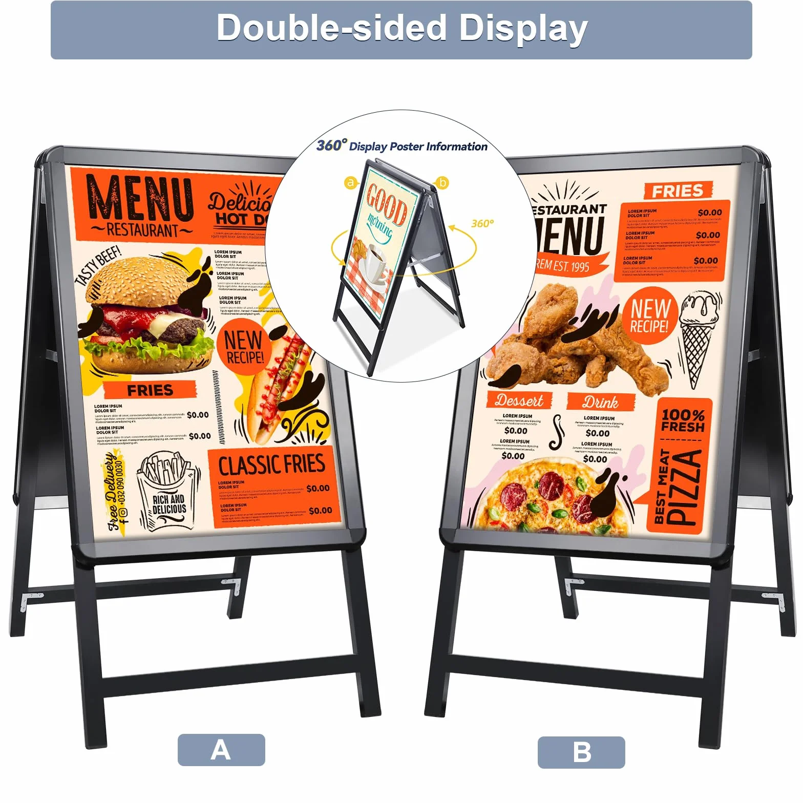 A2 Pavimentazione Cartello Cornice Cartello Doppio Lato Display A-Board Poster Stand Segno Titolare per Pubblicità (Nero-A2)