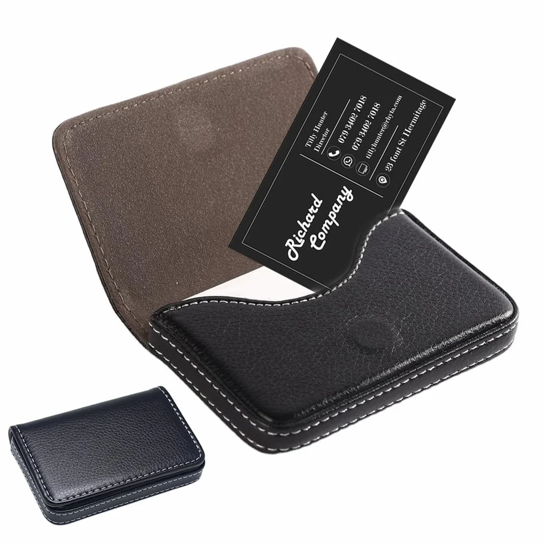 Porta biglietti da visita in pelle PU con fibbia magnetica, Acciaio Inox, Nero