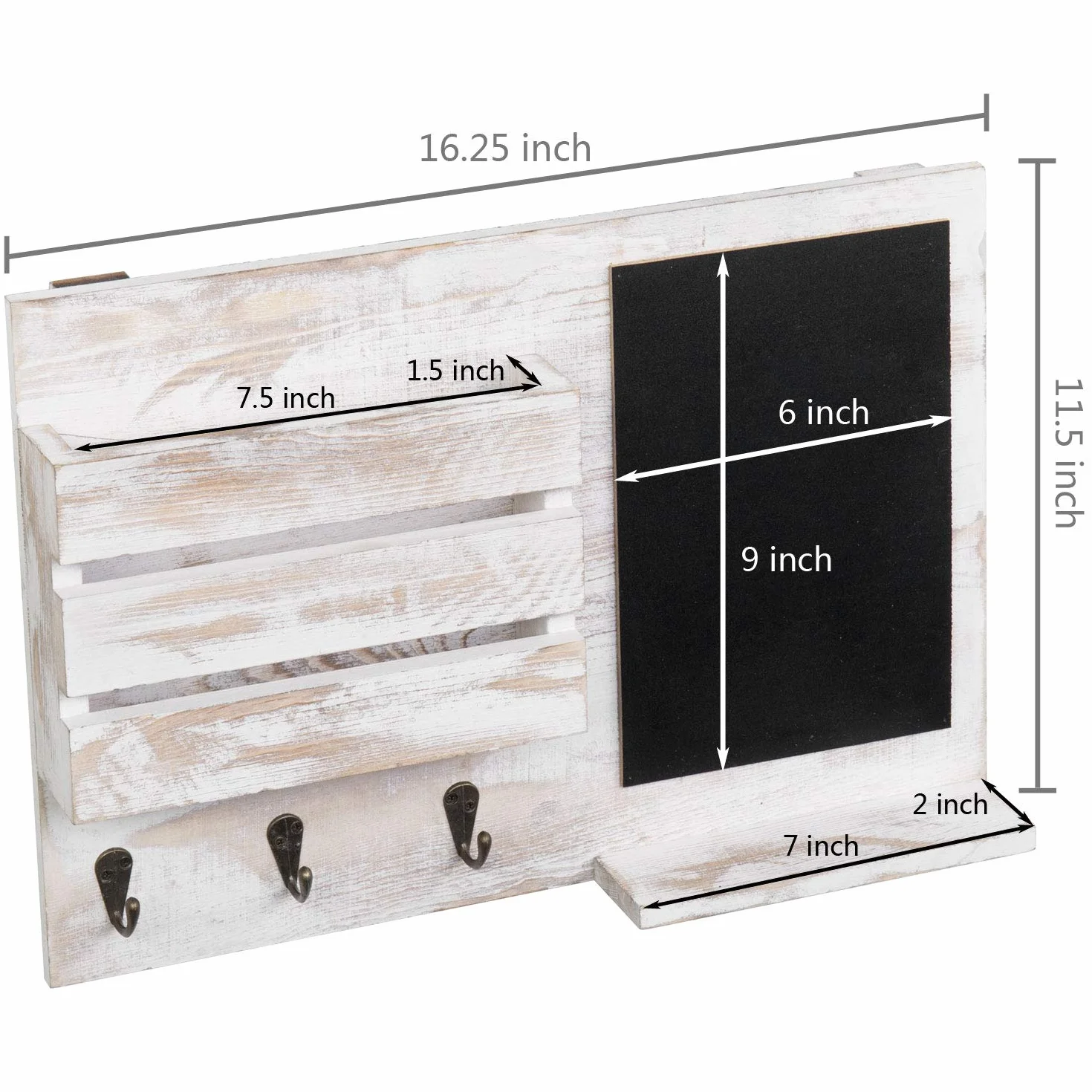 MyGift Shabby Whitewashed Postale da Parete in Legno con Lavagna, 3 Ganci per Chiavi e Ripiano