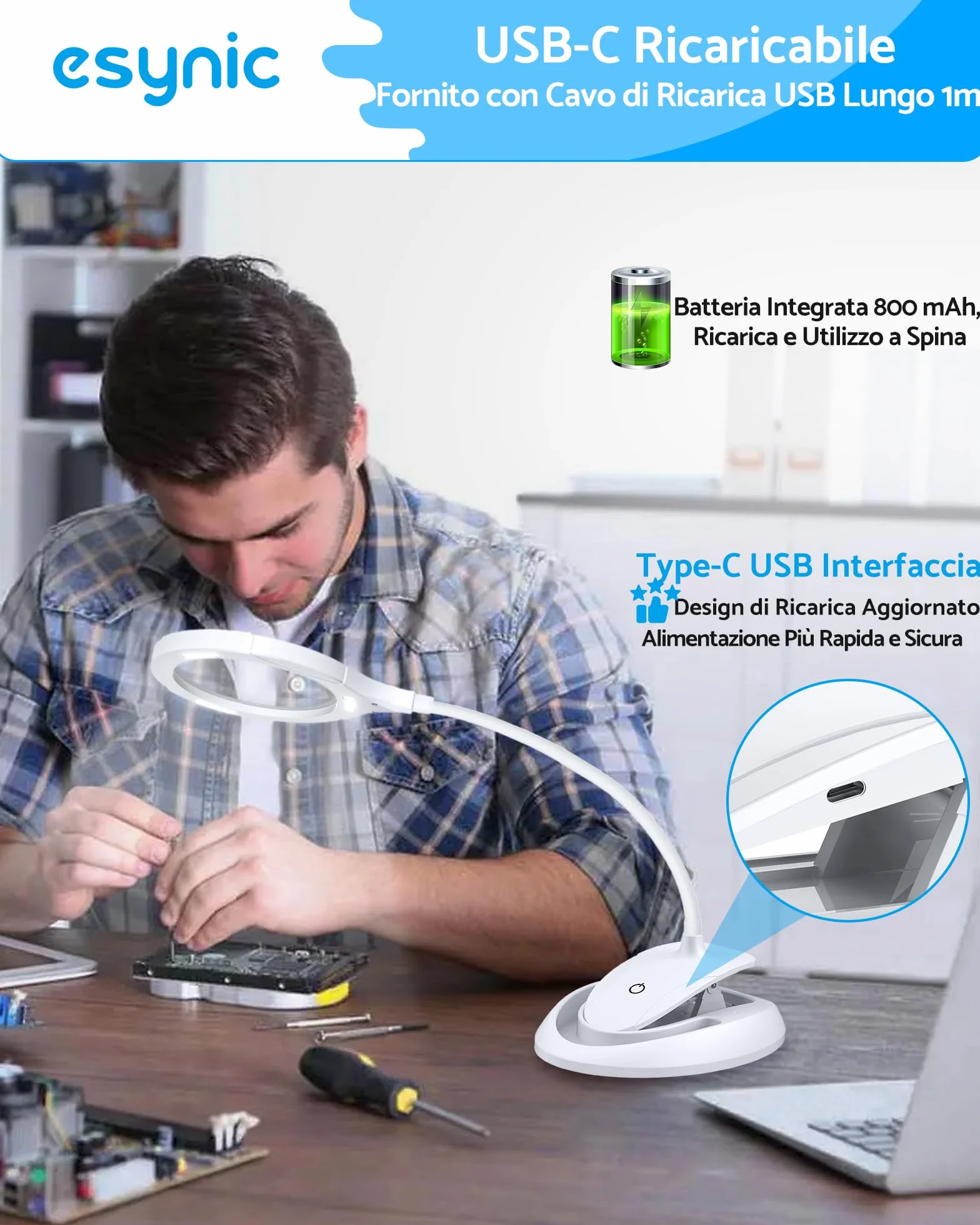 ESYNiC 2 in 1 Lente di Ingrandimento 5X 10X Lampada LED Ricaricabile con Morsetto da Tavolo Lente d'Ingrandimento Luce 15 LED 3 Luminosità Regolabile con Clip Collo Flessibile - Bianco