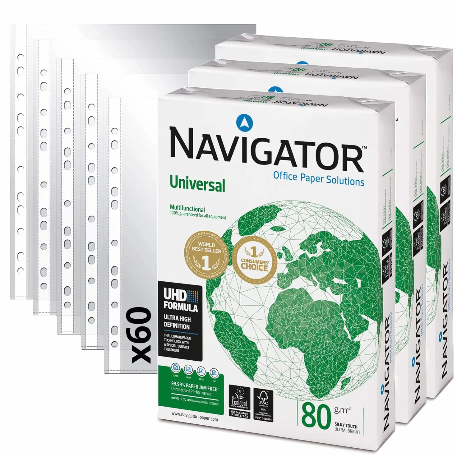 Paquete de 1500 Folios Navigator Universal A4 80gr + 60 Fundas Multitaladro Plástico