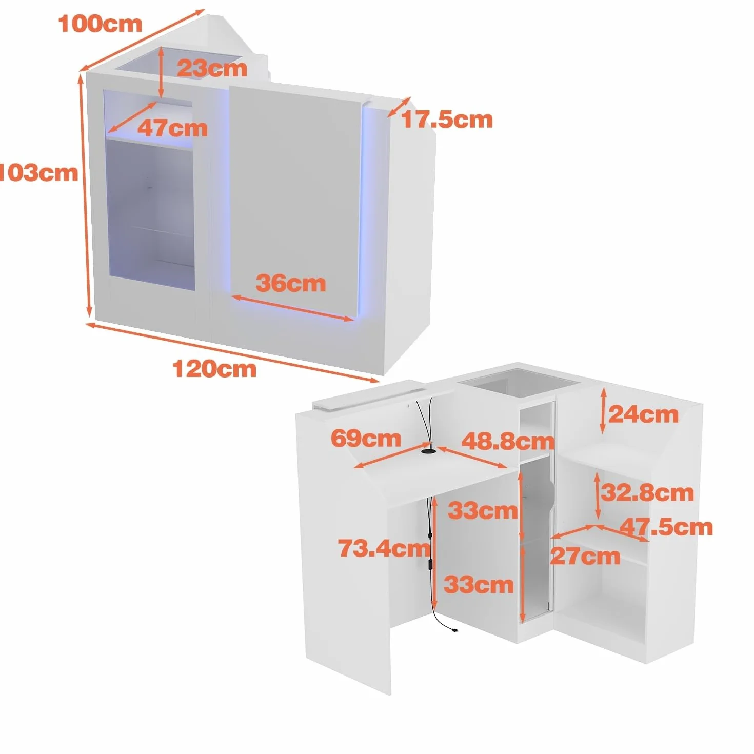 Tavolo di ricezione angolare con cassetto della tastiera, cassetta L con 3 luci colorate, bancone con vetrina in vetro, tavolo reception, bancone