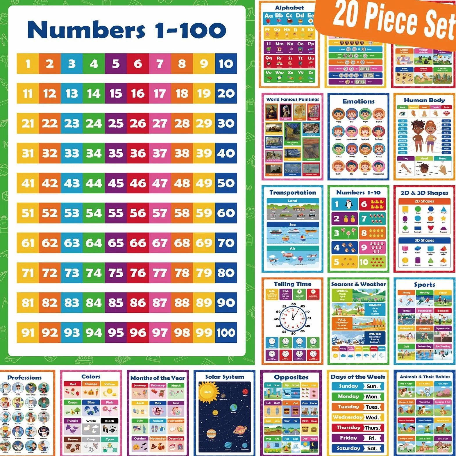 Poster educativi 20 fogli apprendimento interattivi riutilizzabili 42x28cm carta colori vivaci aula scuola materna