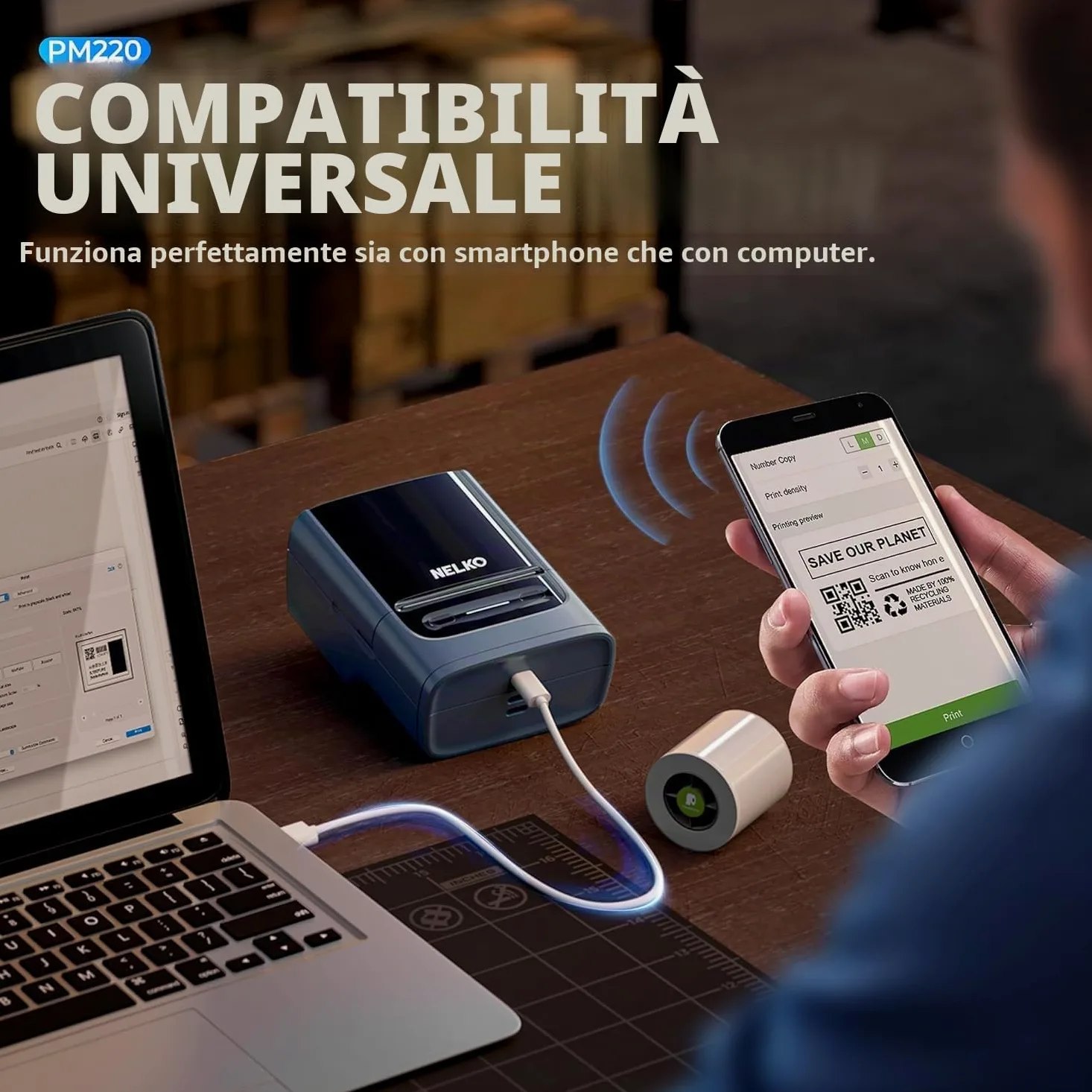 Nelko PM220 etichettatrice con nastro, stampante termica portatile per piccole imprese, indirizzo, logo, abbigliamento, stampante adesiva per telefoni e PC,