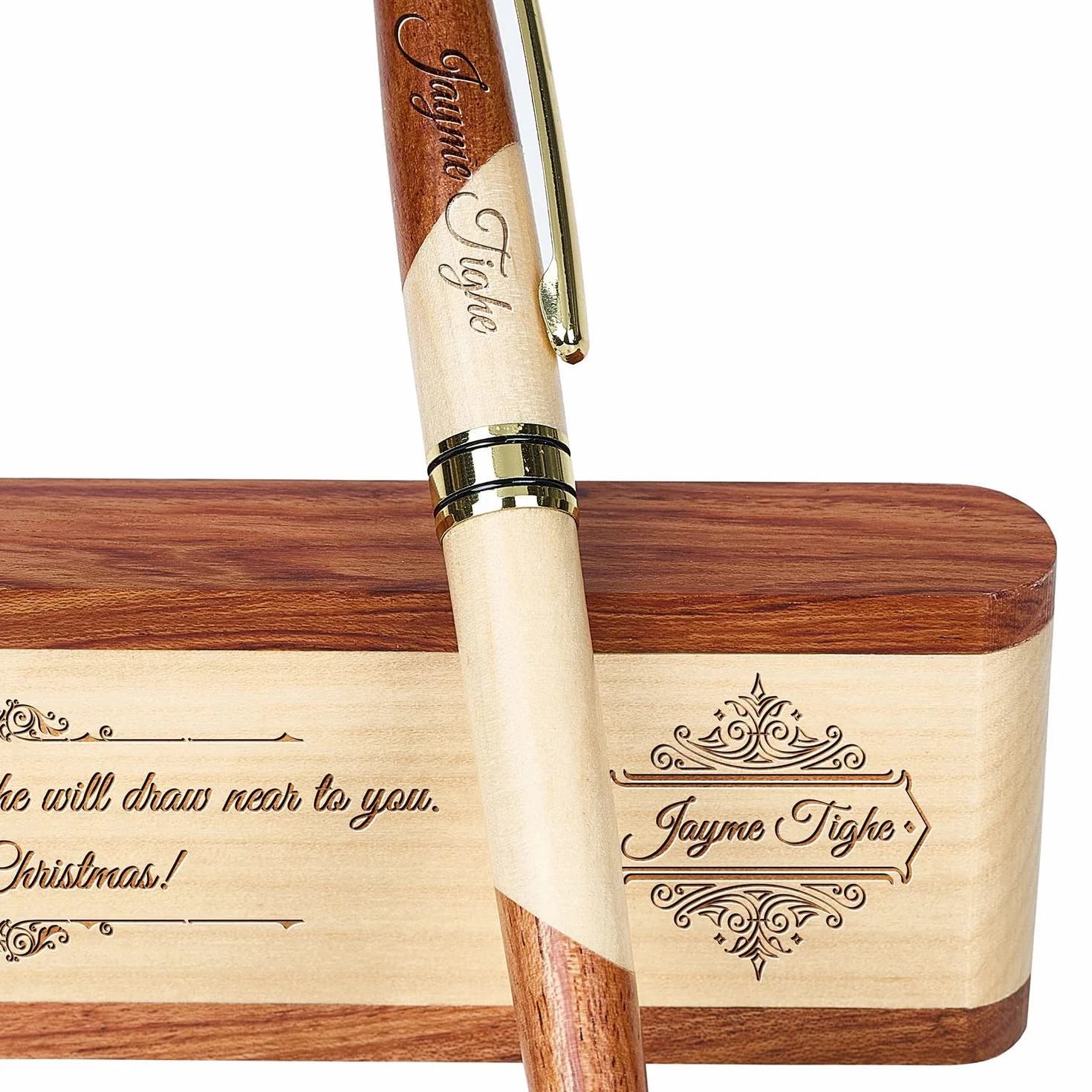 Set di penne in legno incise, penna esecutiva e scatola con personalizzazione gratuita, penna a sfera con custodia per regalo (B)