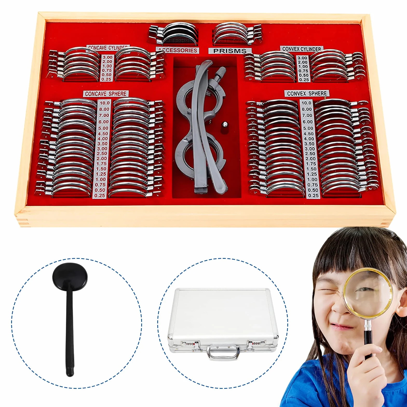 Set di 104 lenti Trial per cerchi in metallo, telaio di prova, optometria, kit di lenti di prova ottiche, lenti di prova ottiche, cerchione, retinoscopy, rack, occhiali in metallo, optometry, telaio