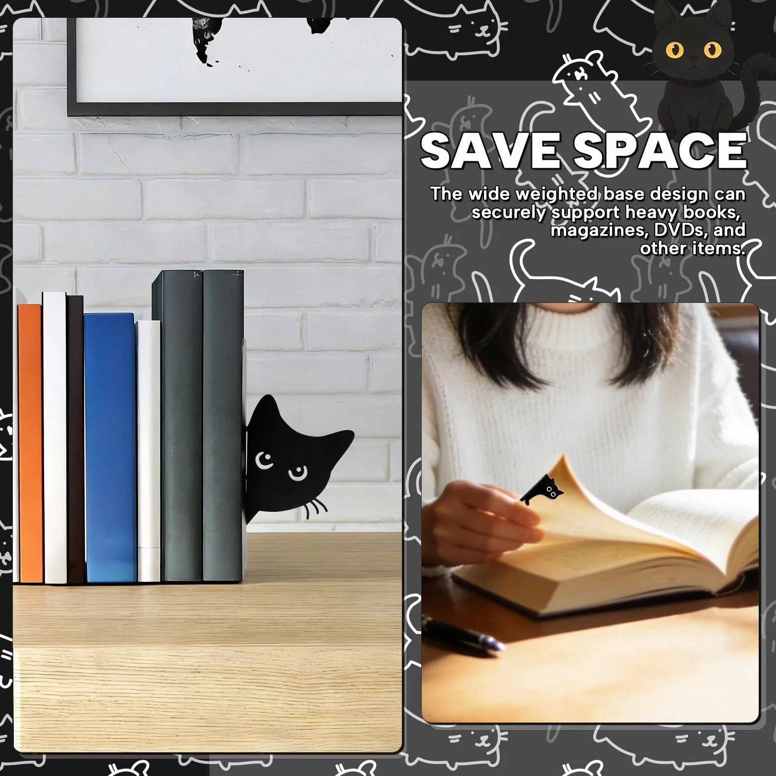 Fermalibri in Metallo con Gatto, 2 Pezzi, Divisori Libri con Segnalibro Magnetico, Reggilibri per Libreria
