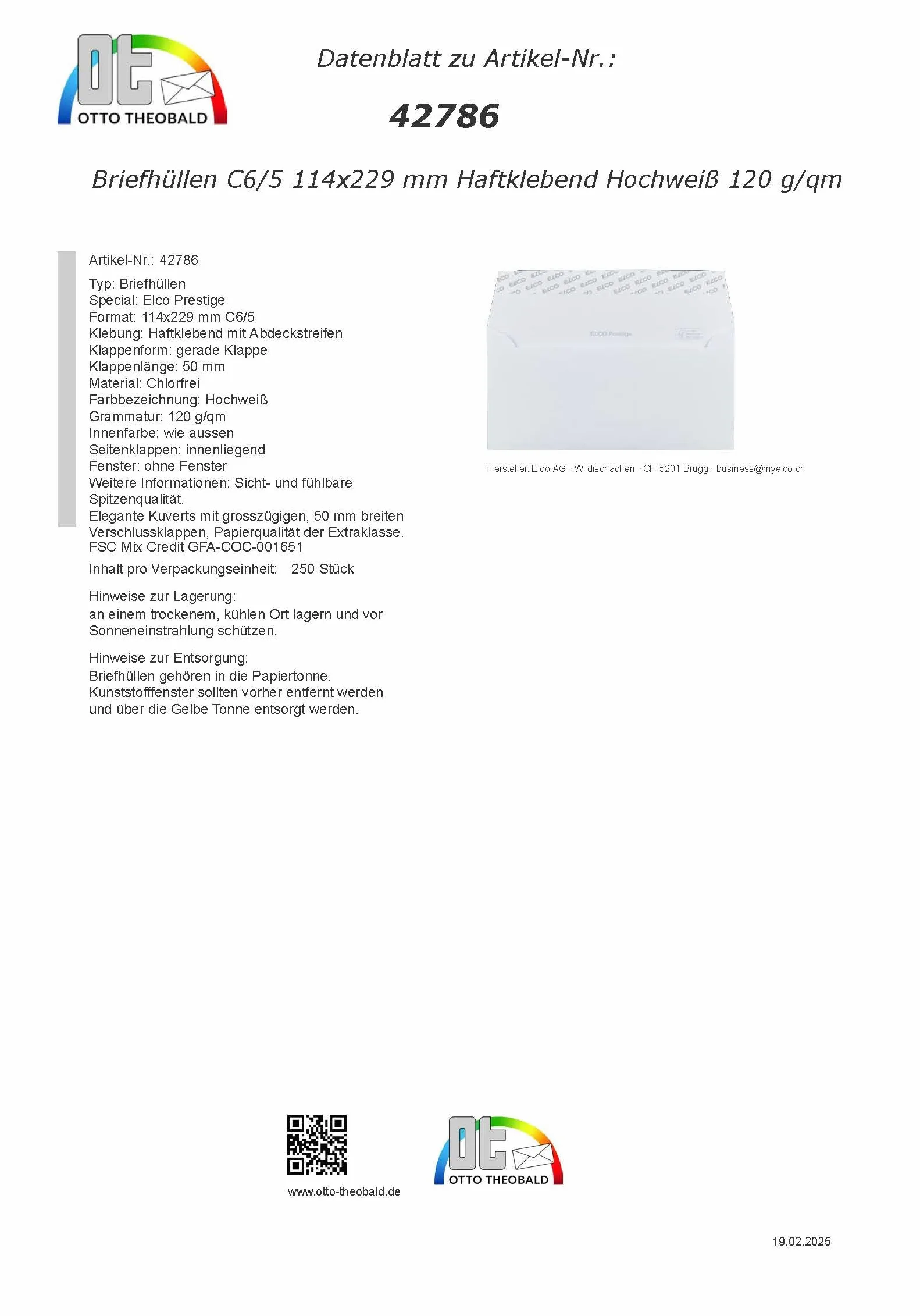 Elco Prestige Buste/Alto – Bianco/120 G/MQ/114 X 229 mm (C 6/5) con striscia adesiva//Haftklebend/250 pezzi