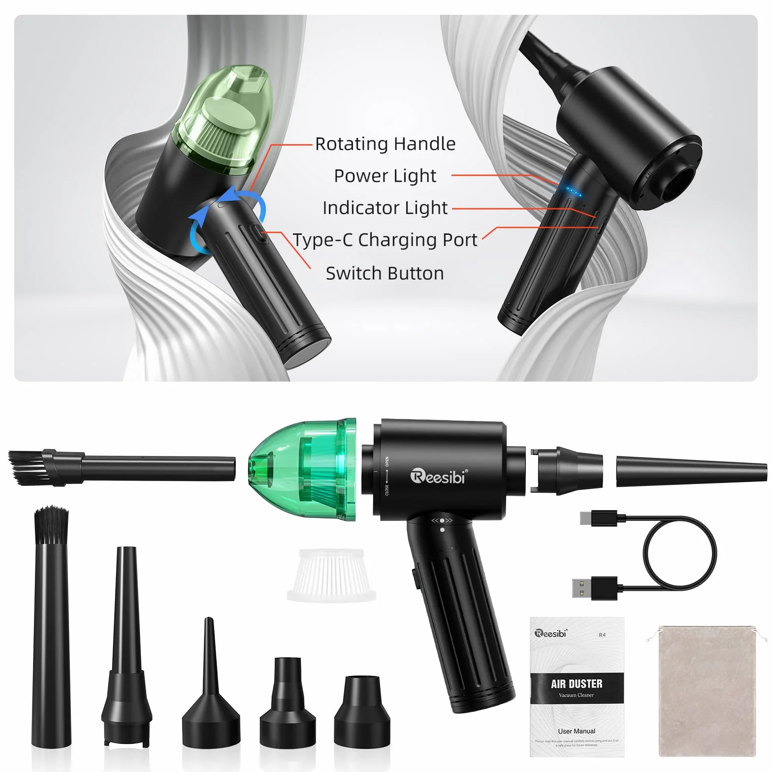 【Motore Brushless】 Reesibi 4 en 1 Elettrico 130000RPM Rimuovi Polvere Senza Fili & 12Kpa Aspirapolvere, Progettazione del Radiatore, Chip Intelligente, 3 Velocità, 90W, 7500mAh, 15W di Carica Rapida