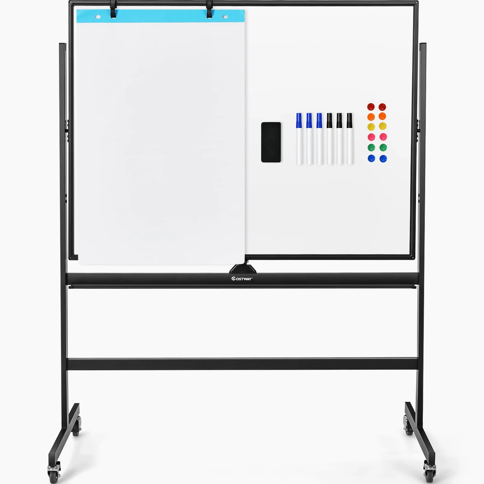 COSTWAY Lavagna Bianca Magnetica Mobile, Lavagna Cancellabile con Altezza Regolabile Girevole a 360°, con 4 Ruote Bloccabili, Doppia Faccia, 90 x 120 cm