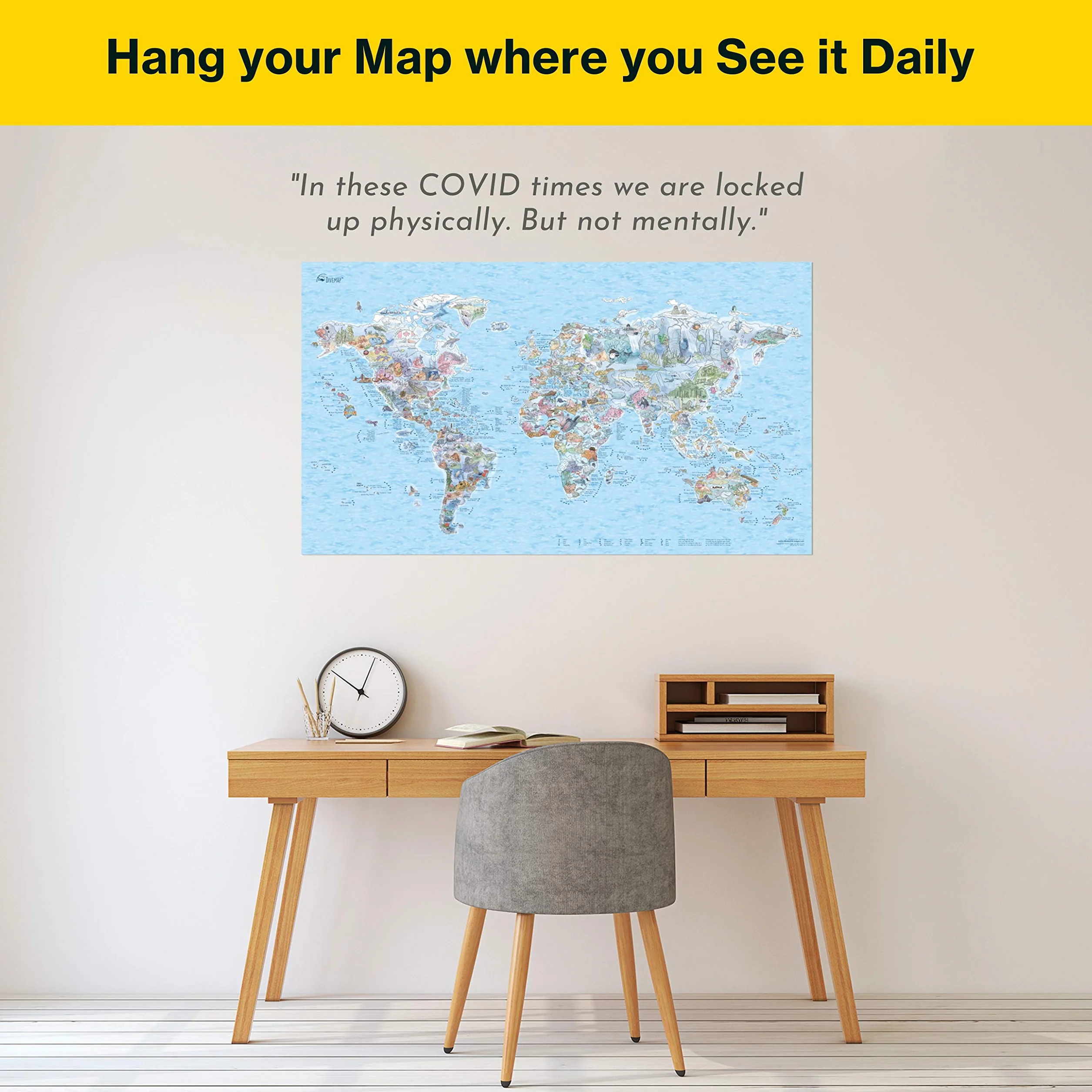Dive Map by Awesome Maps - Mappa del mondo illustrata per gli appassionati di immersioni - riscrivibile - 97,5 x 56 cm