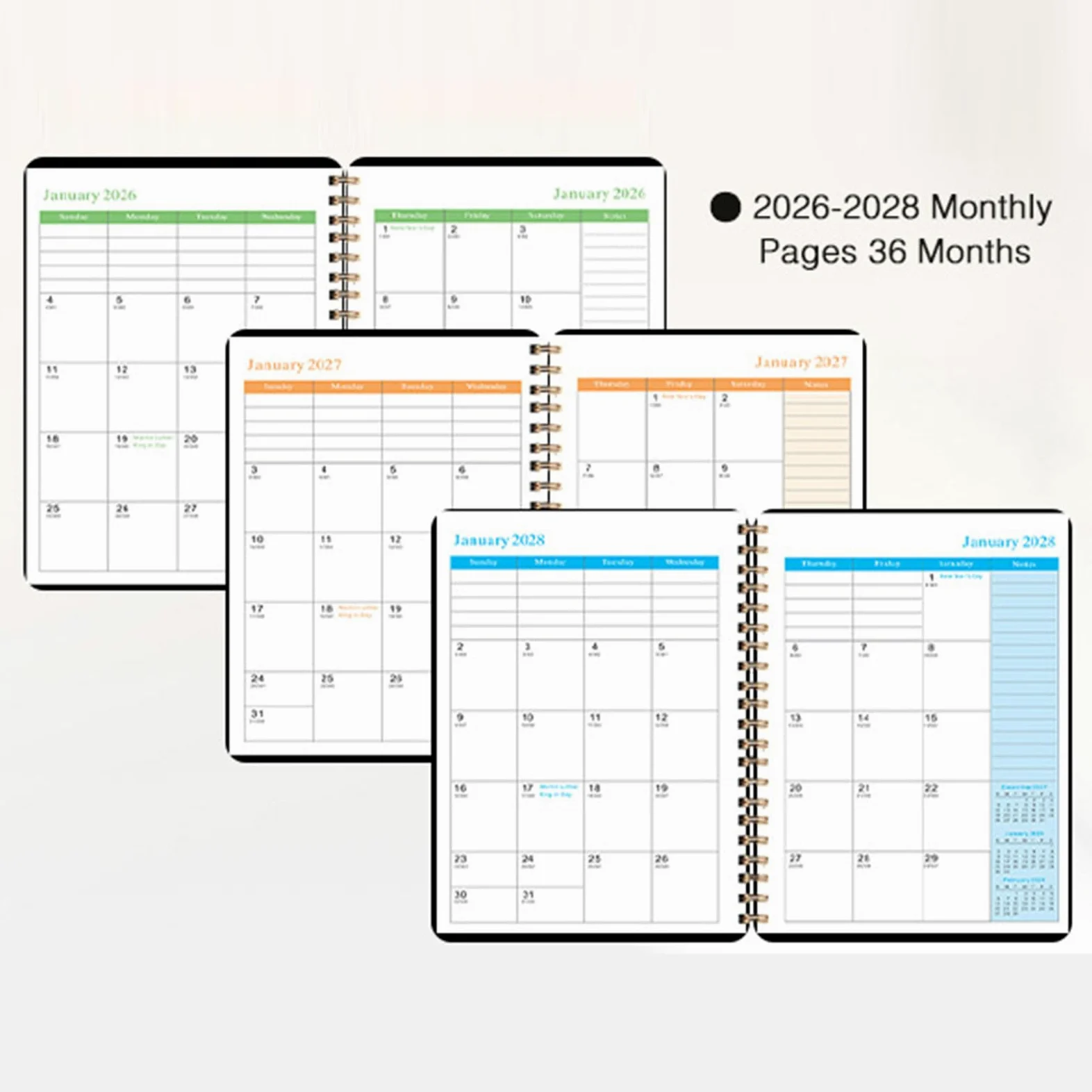 Agenda mensile 2026-2028 36 mesi dal 01.2026 12.2028 Diario accademico mensile con rilegatura a doppia spirale per la pianificazione giornaliera Agenda settimanale