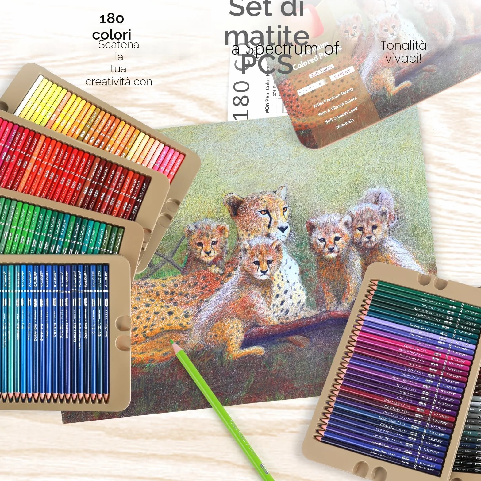 KALOUR PDAS - Set di 180 matite colorate per adulti e artisti, pigmenti ricchi con nucleo morbido, 15 matite metalliche, 6 matite neon, ideale per colorare, disegnare, schizzare, sfumature, colori