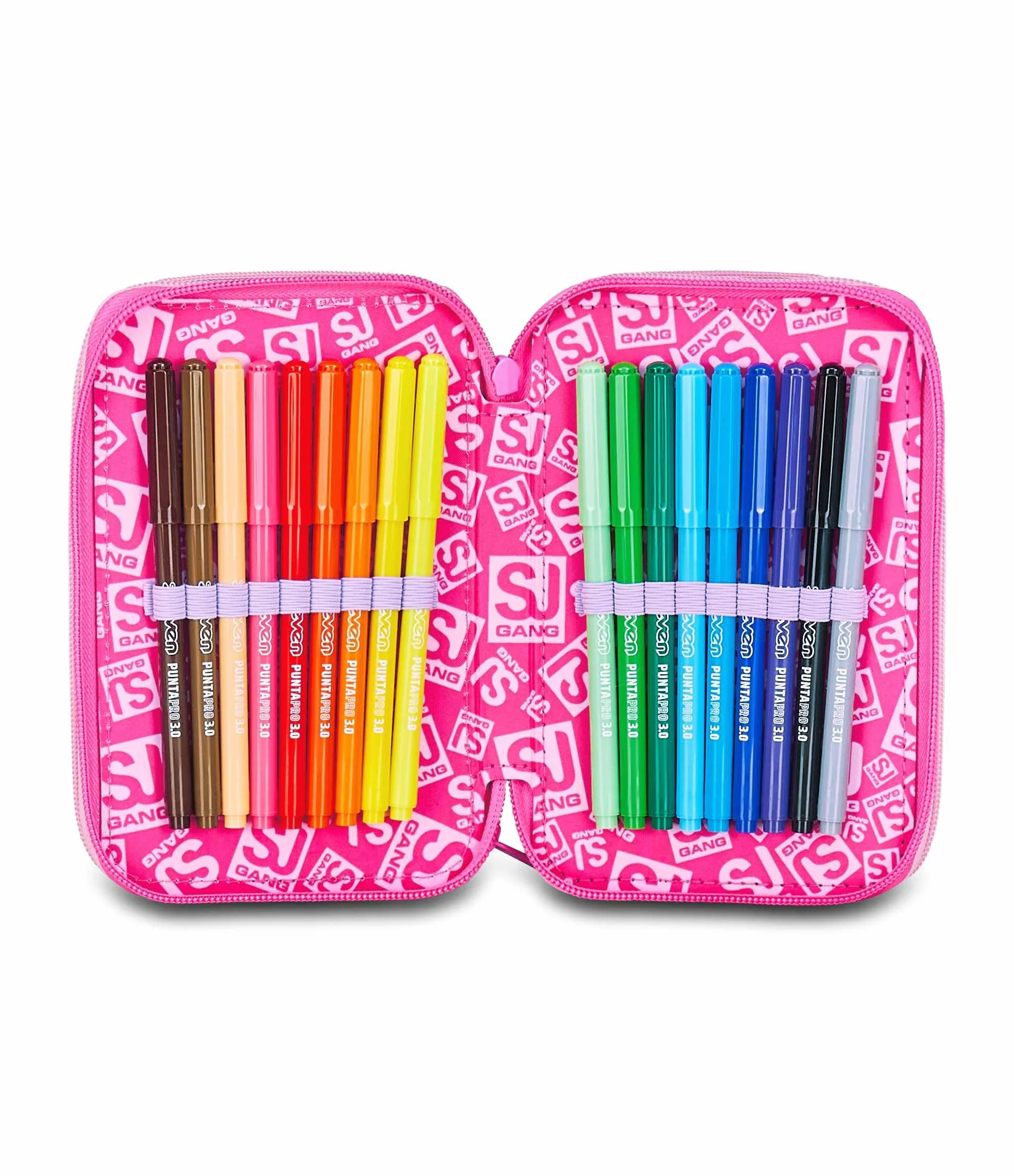 SJ GANG STYLE JAM GANG Astuccio Scuola 3 Zip, Fucsia, Portapenne Triplo Scomparto Completo Di Penne, Matite, Colori, Accessori Zaino, Scuola Elementare, Bambina
