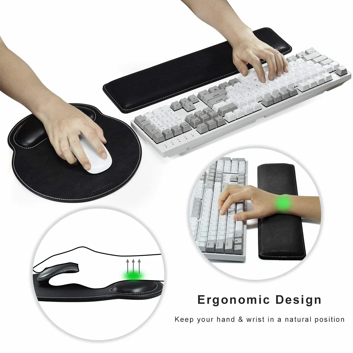 MAIDERN Poggiapolsi per tastiera in pelle PU con supporto per polso, tappetino per mouse memory foam - nero