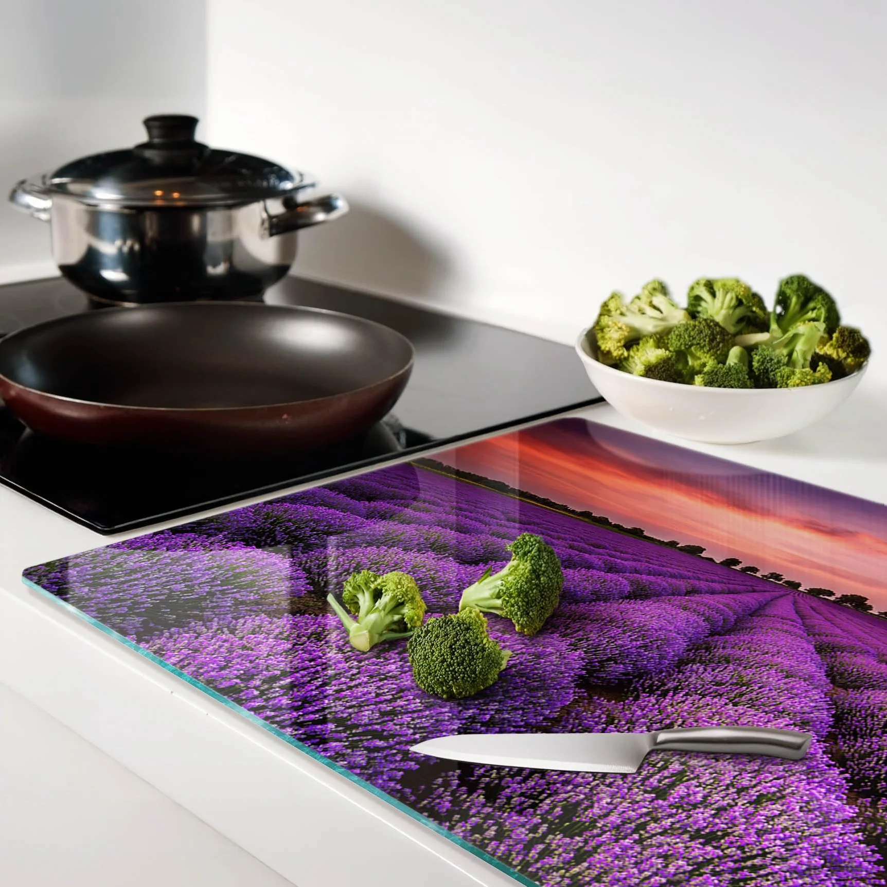 Tagliere in Vetro Protezione 80x52 cm Durevole e Igienico Antigraffio Facile da Pulire con Piedini Antiscivolo Rettangolare Resistente al Calore da Cucina con Stampe - Campo di lavanda