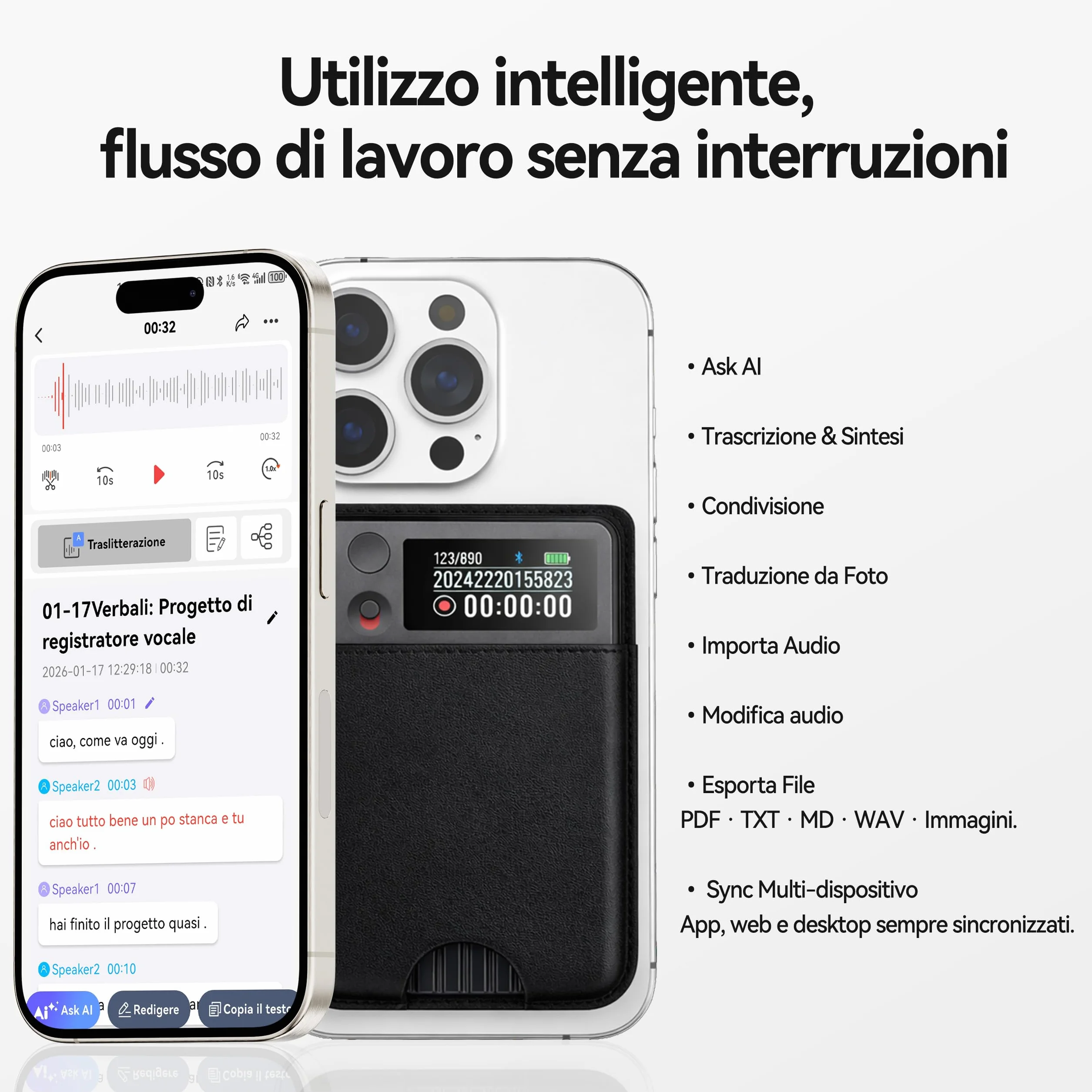 Registratore Vocale AI con Trascrizione e Riassunti AI Avanzati, 1200 Minuti al Mese, Audio HD, con Custodia, per Riunioni di Lavoro, Lezioni e Chiamate, Regalo per Professionisti e Studenti