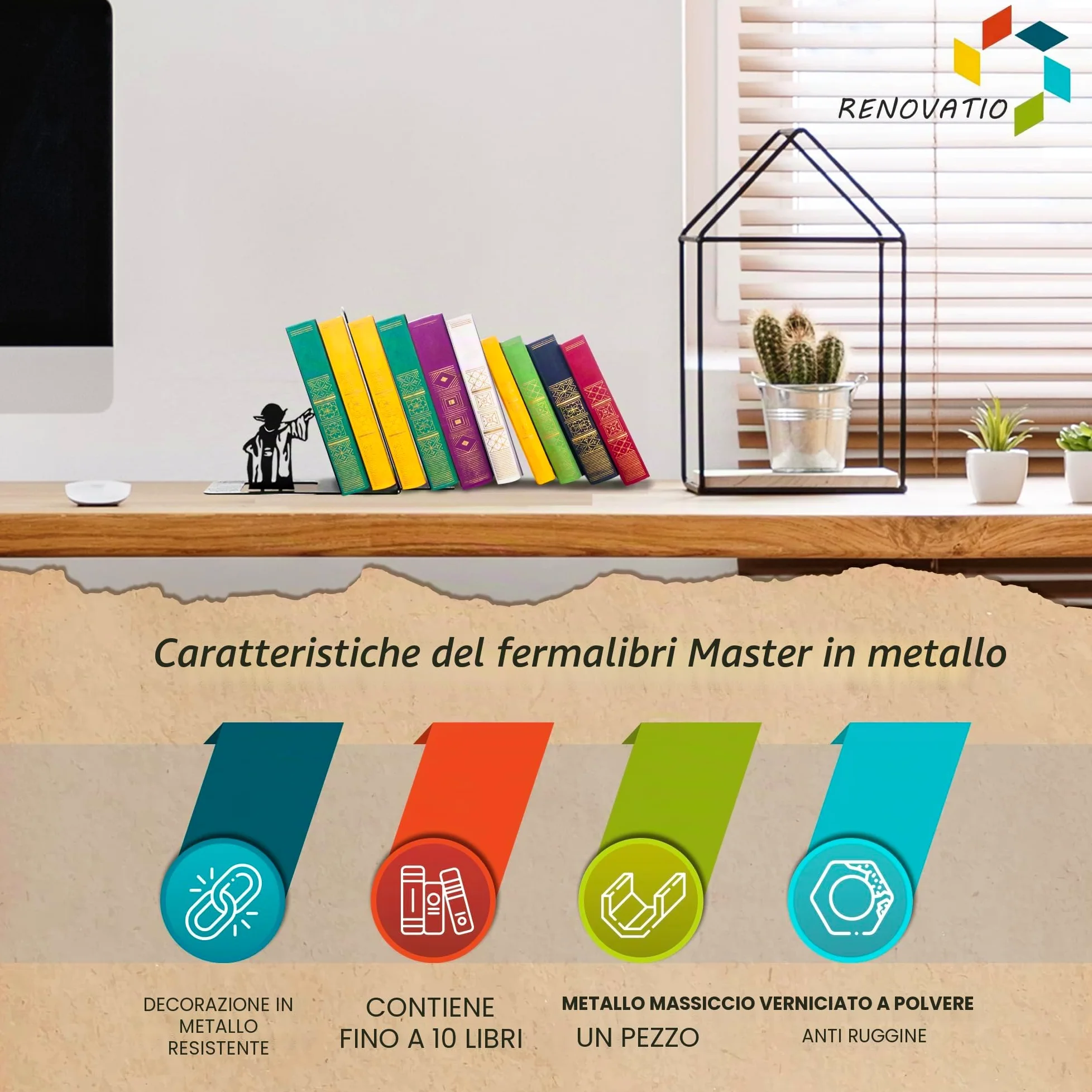 Renovatio Fermalibri in metallo nero, carino, unico, decorazione da nerd per casa, ufficio e cameretta dei bambini, resistente, antiscivolo, minimal, per mensole, motivo maestro
