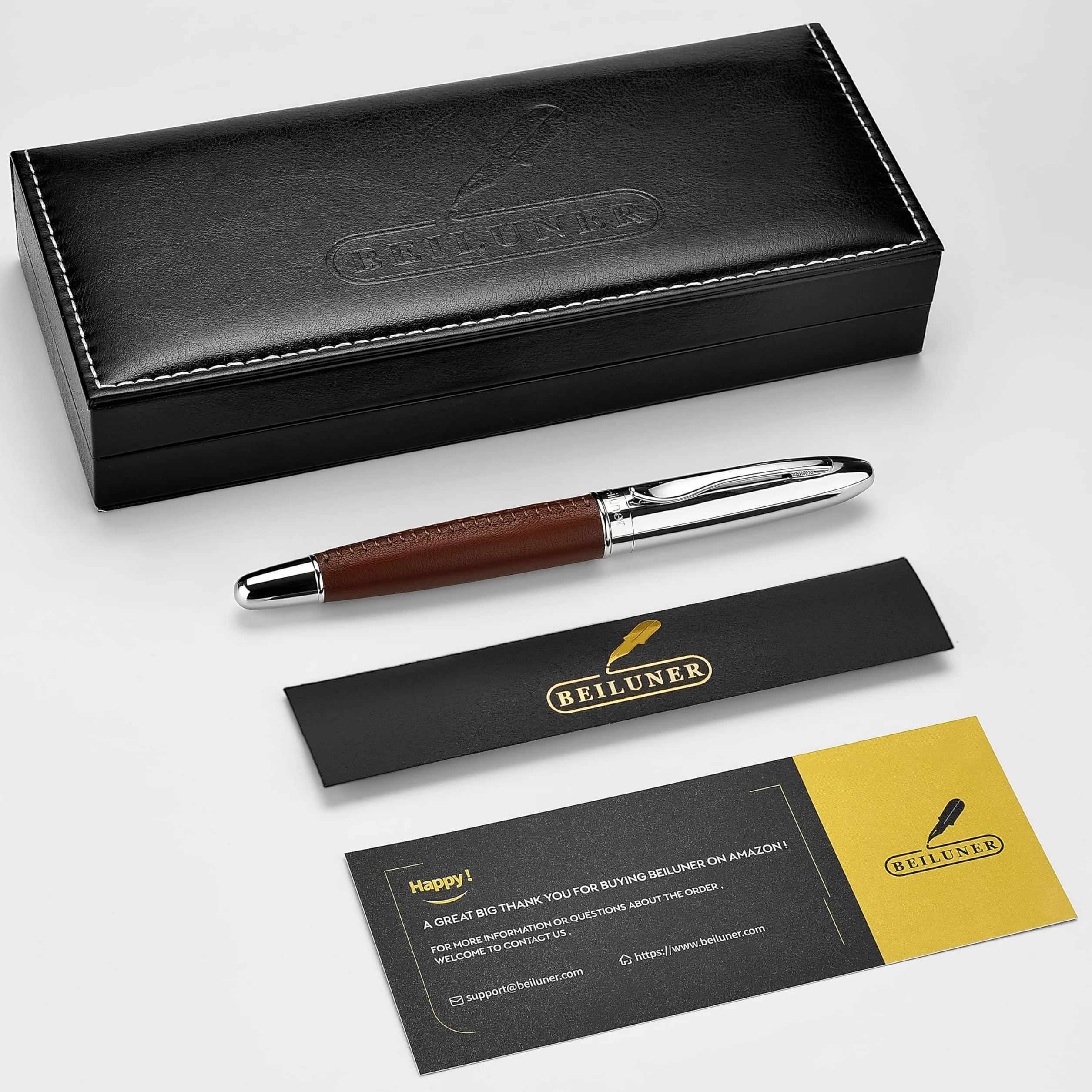 BEILUNER 318 Penna Rollerball di Lusso in Pelle, Pelle Premium Cucita a Mano & Finitura Cromata, Ricambio Schmidt, Miglior Set Regalo Manageriale per Uomo e Donna, Penna Riempiibile - Marrone