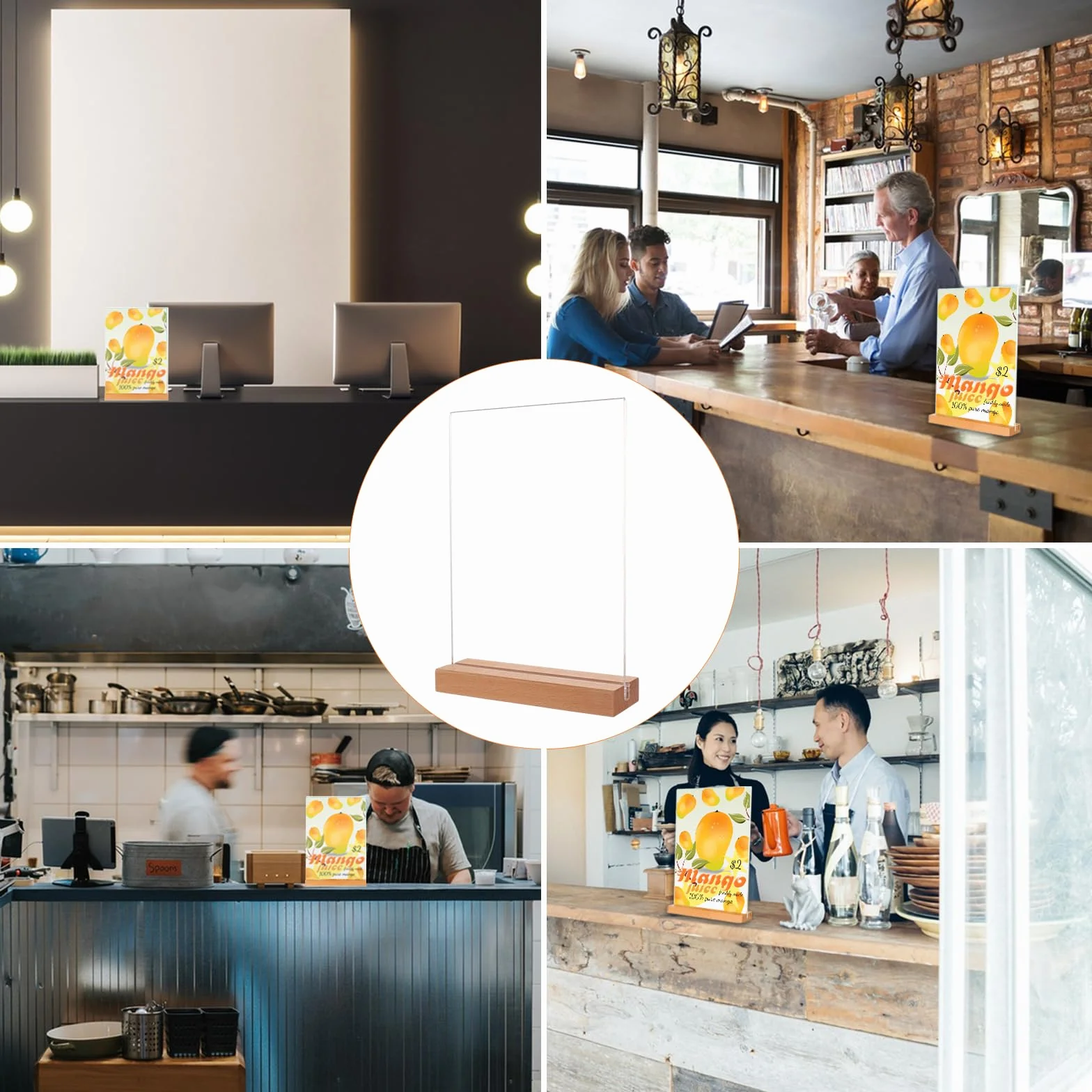5 espositori da tavolo A5, in legno, formato A5, con base in legno, supporto da tavolo a forma di T, formato verticale, doppio lato, supporto in acrilico per ristoranti, ufficio, caffetteria