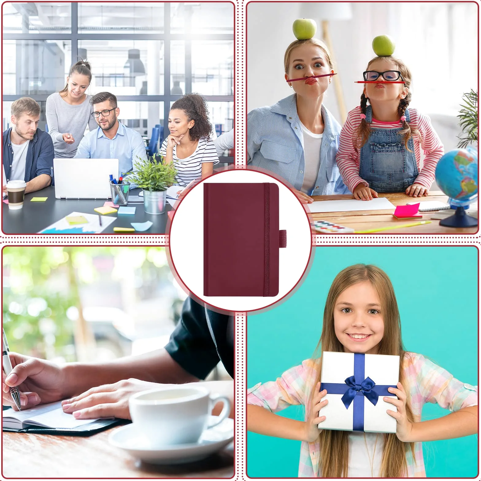 40 quaderni piccoli formato A6 tascabili da 8,5 x 15,5 cm, mini diario a righe con fascia elastica per penne e pagine per diario scolastico e ufficio (rosso vino)