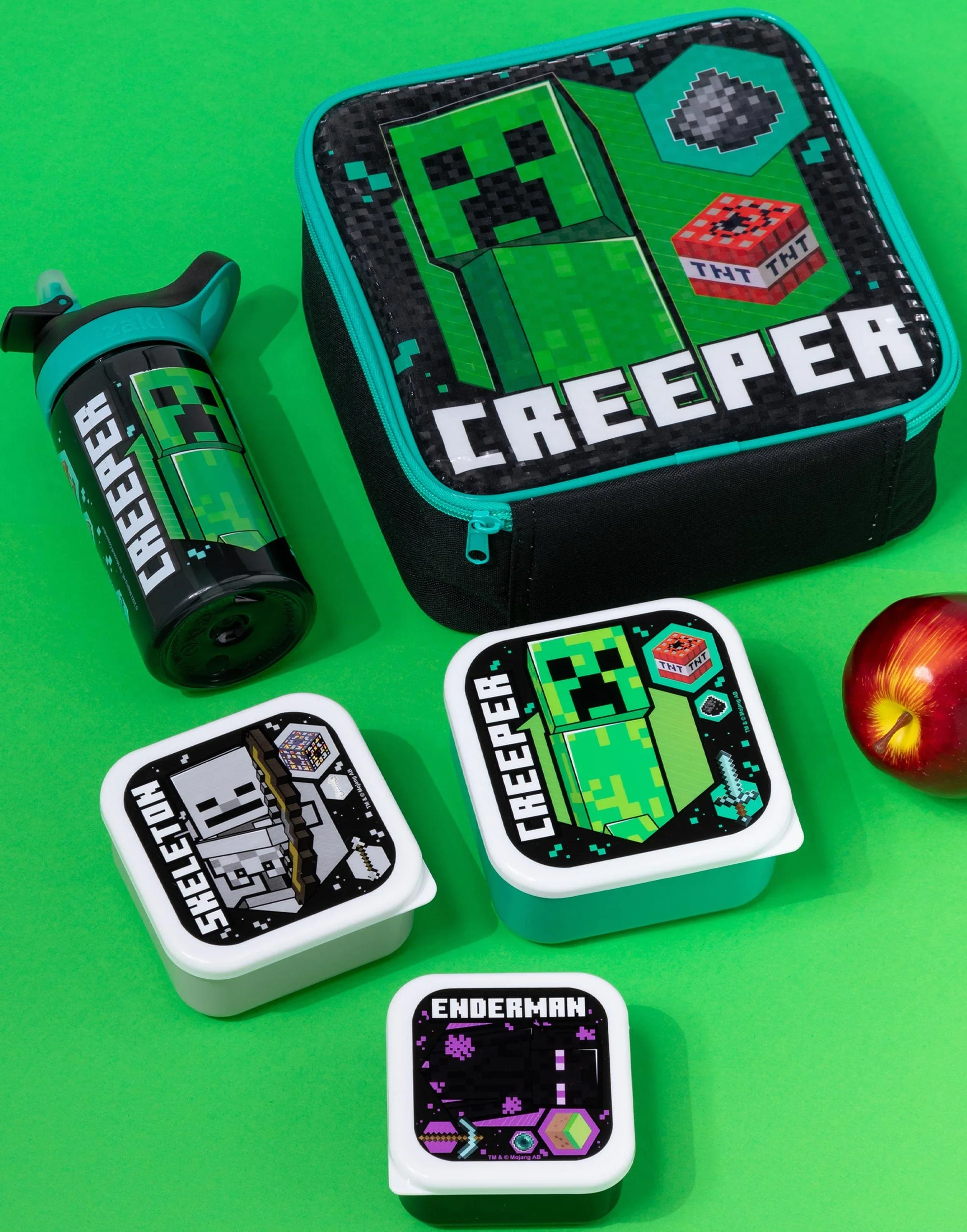 MINECRAFT Lunchbag Kids Creeper Bottiglia d'acqua a sacchetto da 5 pezzi 3 pentole per snack
