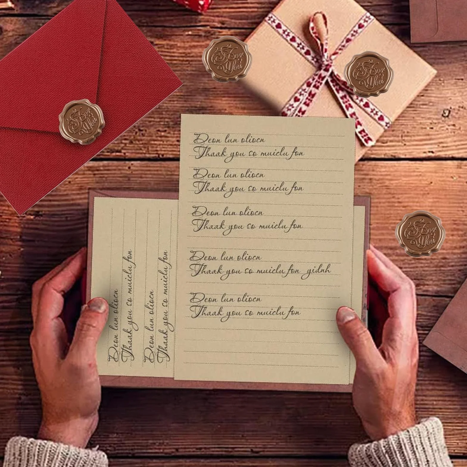 Set di 22 pezzi carta da lettere vintage A5 con 6 buste in lino e sigilli di cera per inviti nozze