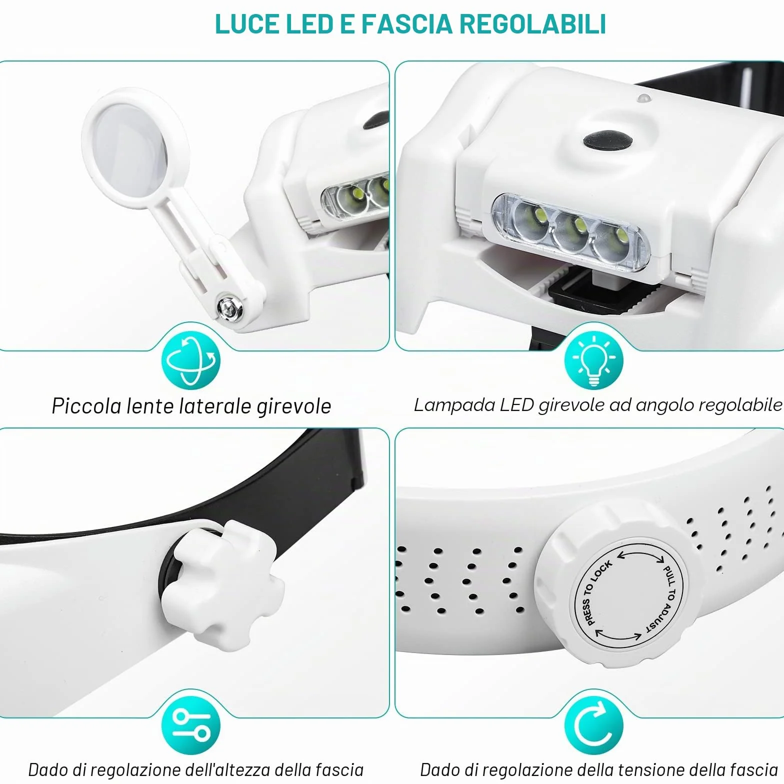 Occhiali d'ingrandimento frontale ricaricabile con luce LED, mani libere e 6 lenti rimovibili per lavori ravvicinati, lettura, gioielli, artigianato, riparazione 82000MC