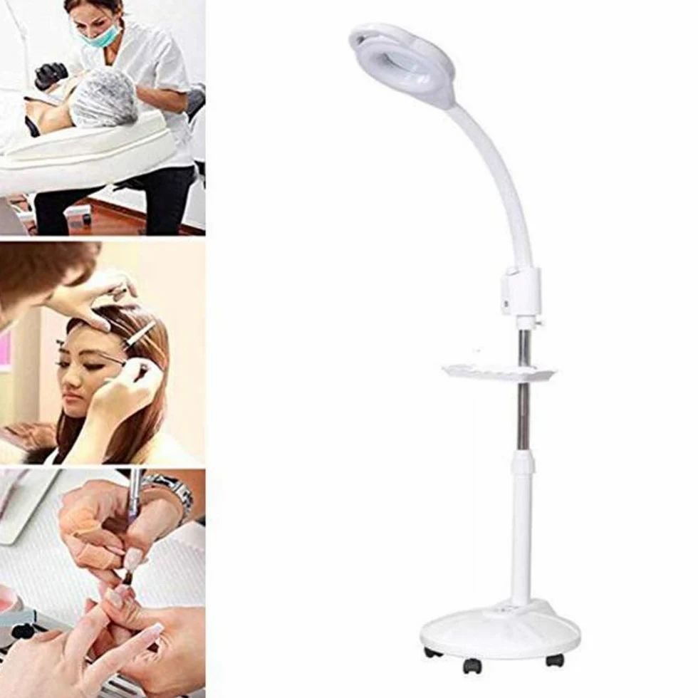Lampada da Terra con Lente d'Ingrandimento - Lente d'Ingrandimento con Base a 5 Ruote e Braccio Flessibile - per lavori Professionali e Artigianali - Bianca