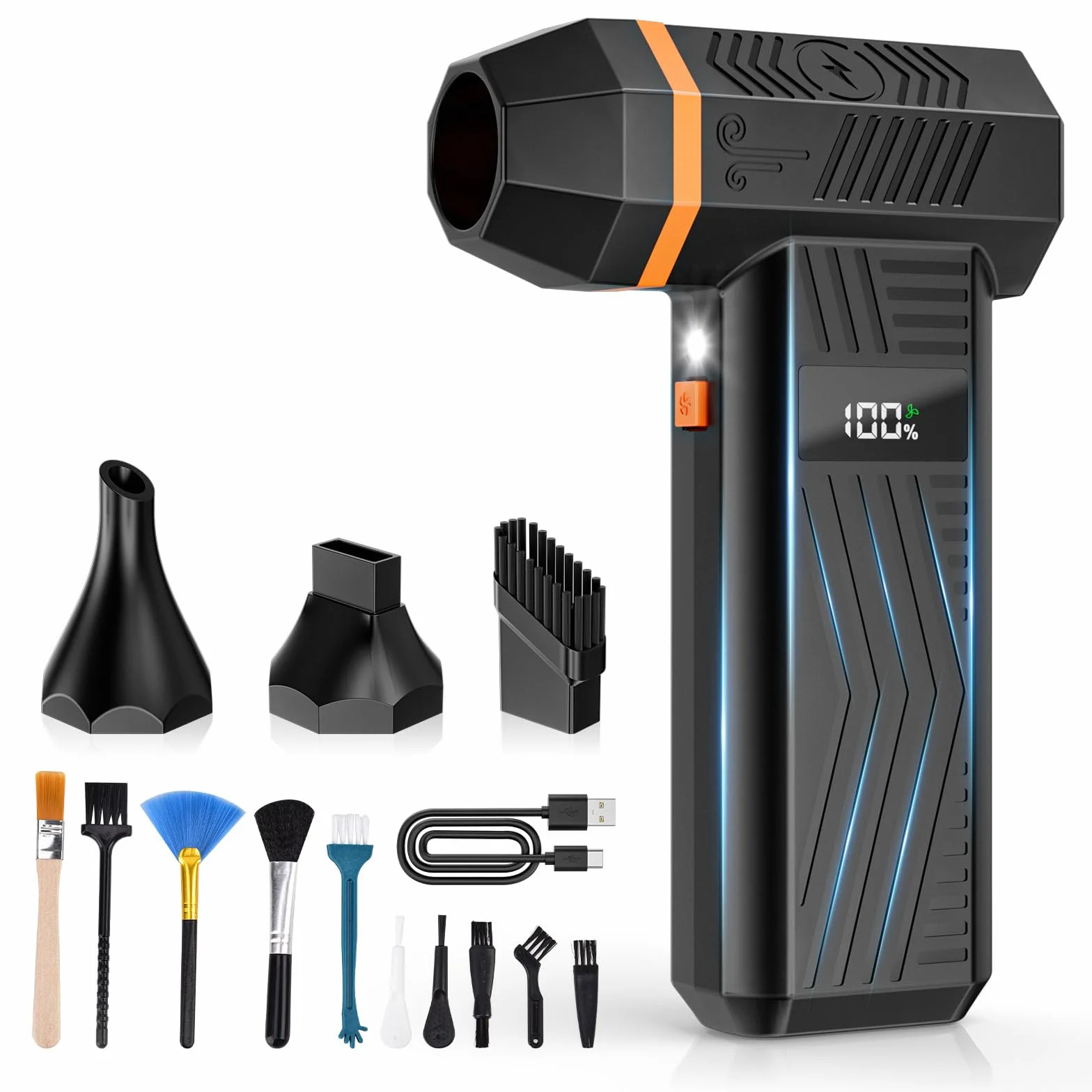 GLAM Soffiatore d'Aria Elettrico con Display LED e Luce, 4 Velocità 150000RPM Aria Compressa Elettrico per PC, Divano, Tastiera, Auto