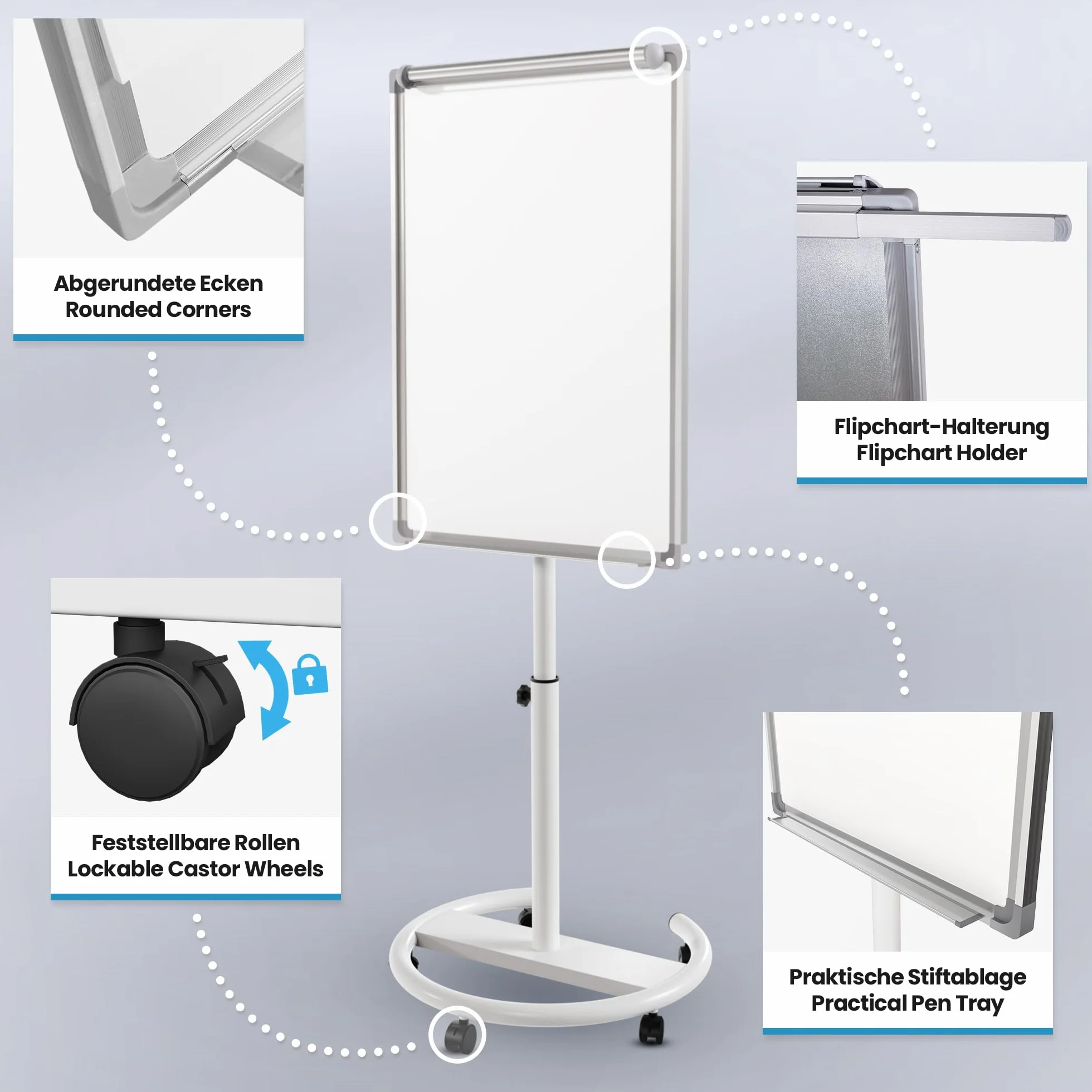 Jago® Lavagna a Fogli Mobili - con Ruote, Base Rotonda, 60 x 90 cm, Altezza Regolabile, 2 Bracci Estensibili, con Magneti, 25 Fogli, Spugna - Lavagna Portablocco, Flipchart, Bacheca Magnetica