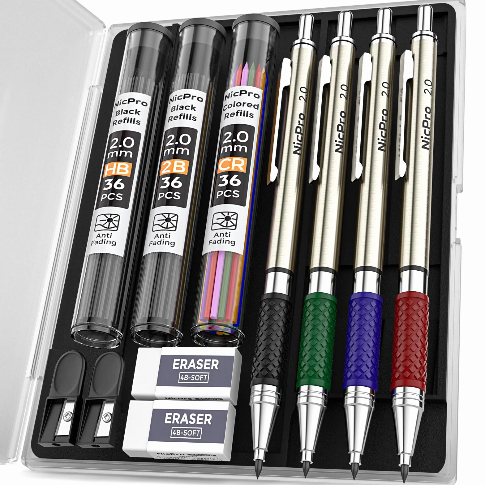 Nicpro Set di 4 Matite Meccaniche 2.0 mm con Custodia e 108 Ricariche per Artista