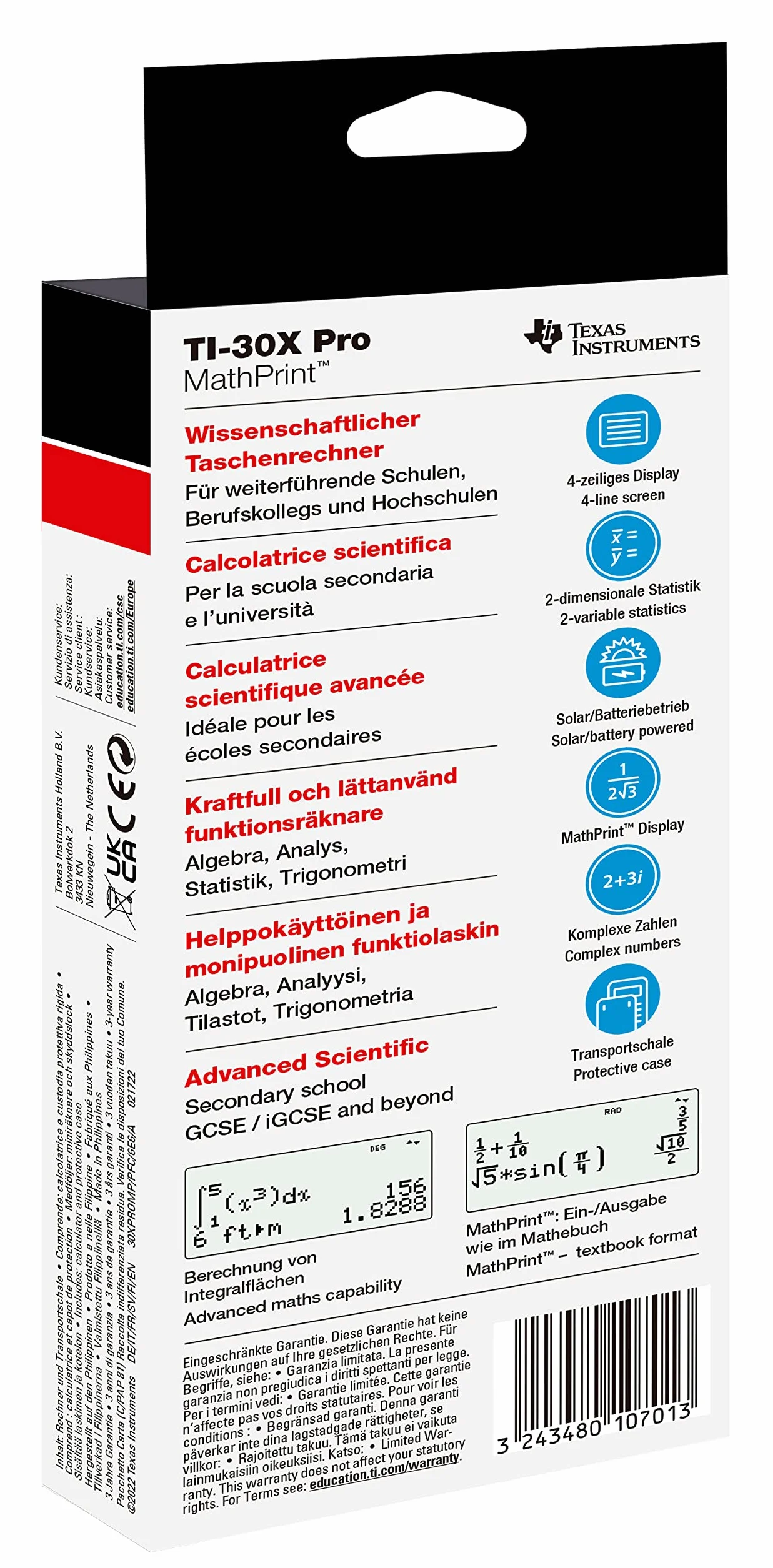 TEXAS INSTRUMENTS TI-30X Pro Mathprint - Calcolatrice scolastica (display ad alta risoluzione a 4 righe, funzionamento solare e a batteria) nero
