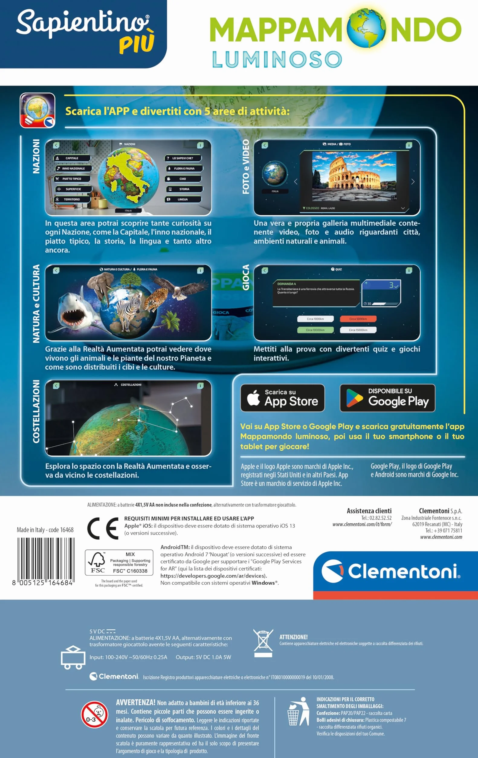 Clementoni Sapientino Più Mappamondo Luminoso Globo Educativo 22cm con Realtà Aumentata