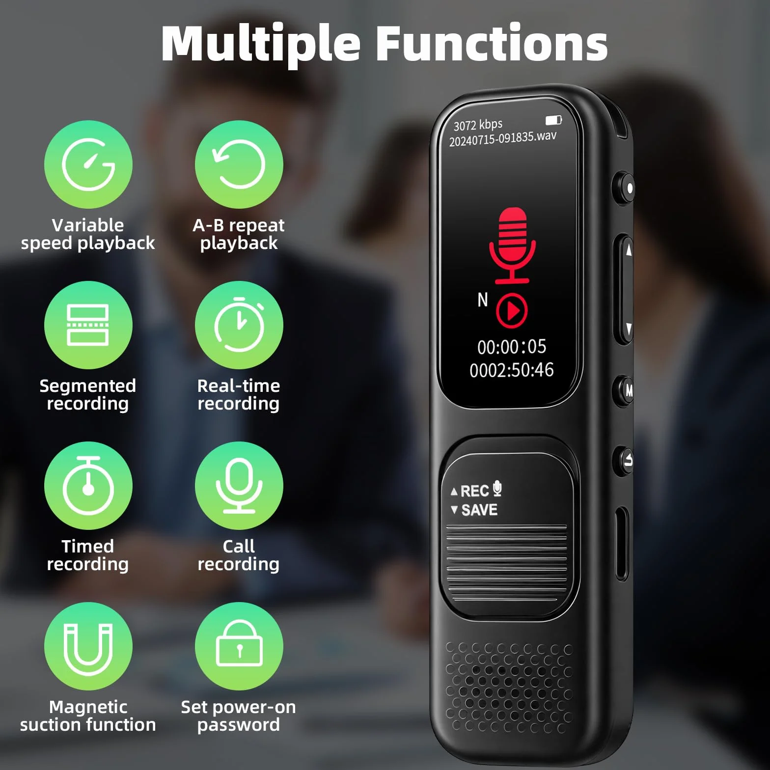 64GB Registratore Vocale Professionale - 3072kpbs Registratori Vocali Digitali Portatile con Attivazione Vocale, Registratore Audio per Chiamate Riunioni Lezioni Colloqui