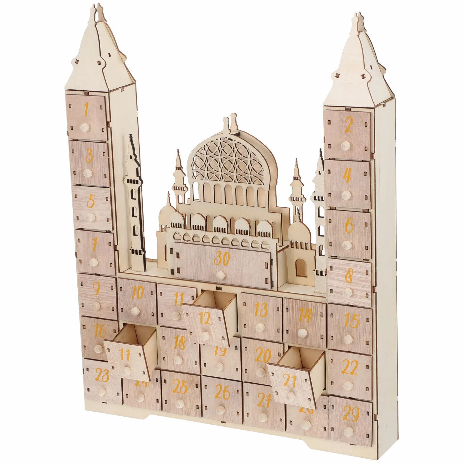 TEHAUX Calendario Design Compatto e Freestanding Conto alla Rovescia Ramadan in Legno con Cassetti e FESTIVITÀ Eid Decorazione da Tavolo per Famiglie Musulmane