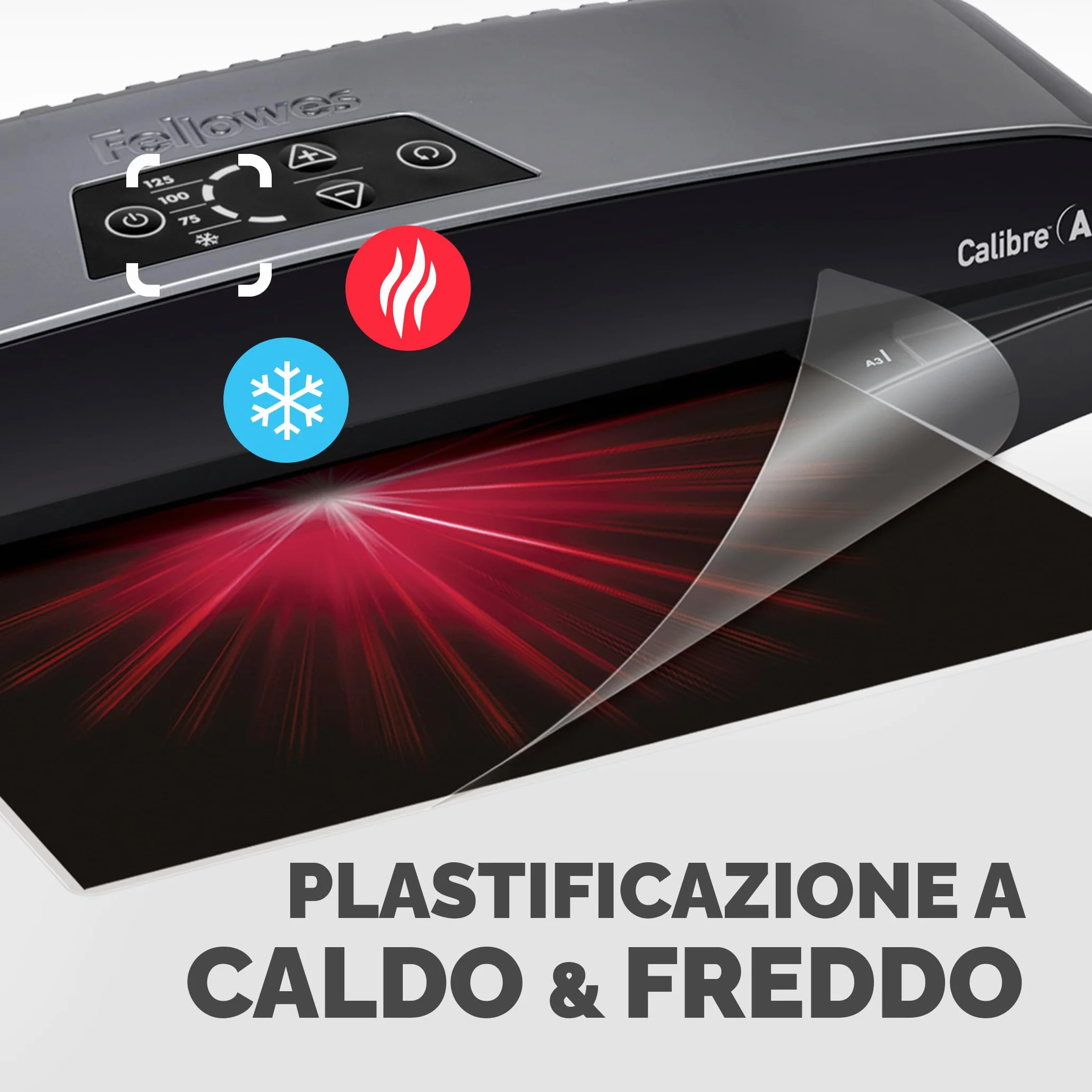 Fellowes Plastificatrice A4 Calibre per piccoli uffici, Pronta in 1 minuto con Spegnimento e modalità Riposo, 80-125 Micron, Kit con 10 fogli A4 per plastificazione incluso, Nero