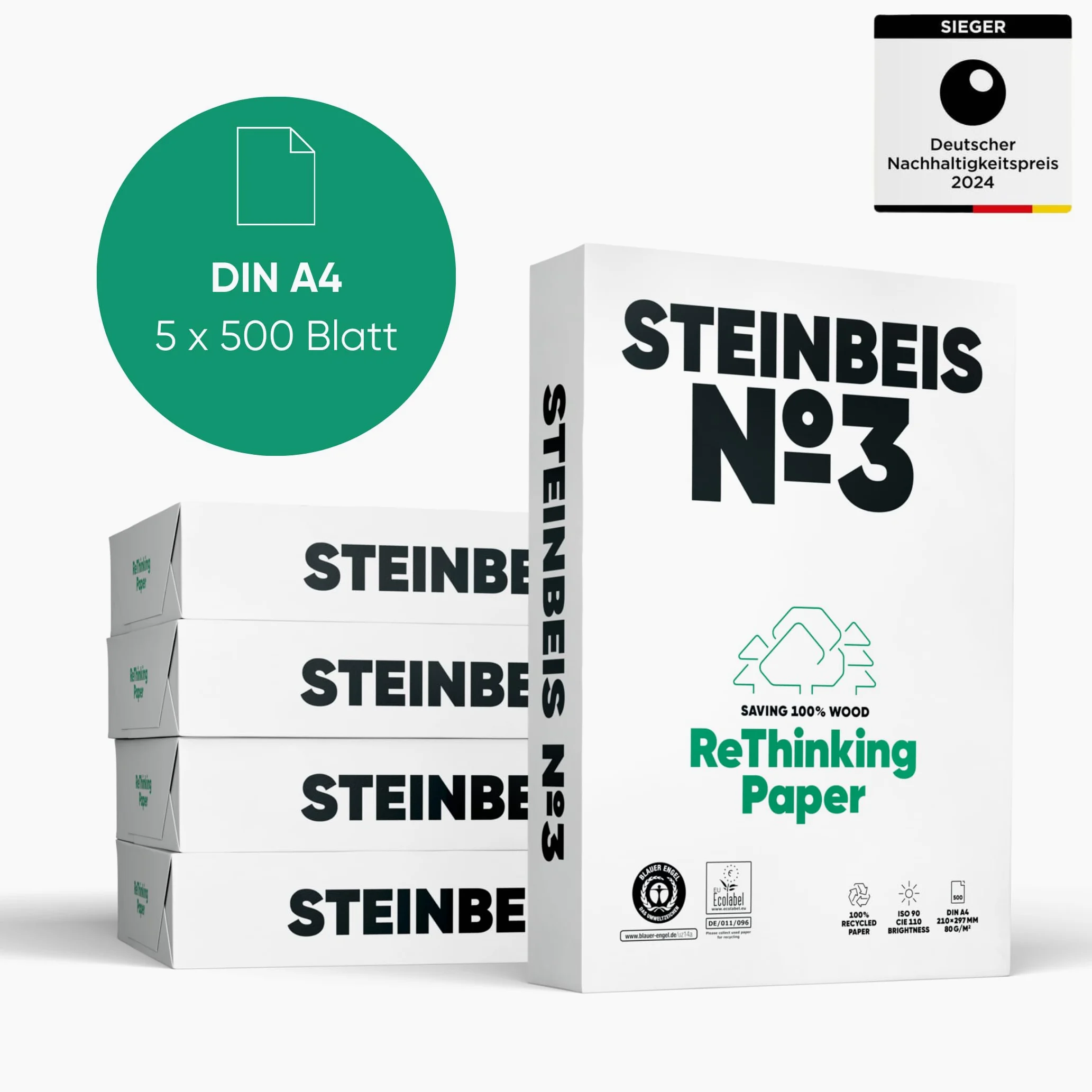 Steinbeis No. 3 fogli di carta riciclata, 2500 (5 x 500), formato DIN A4, 80 g/m², bianco e senza cloro, carta per fotocopiatrici di alta qualità ISO 90/CIE 110