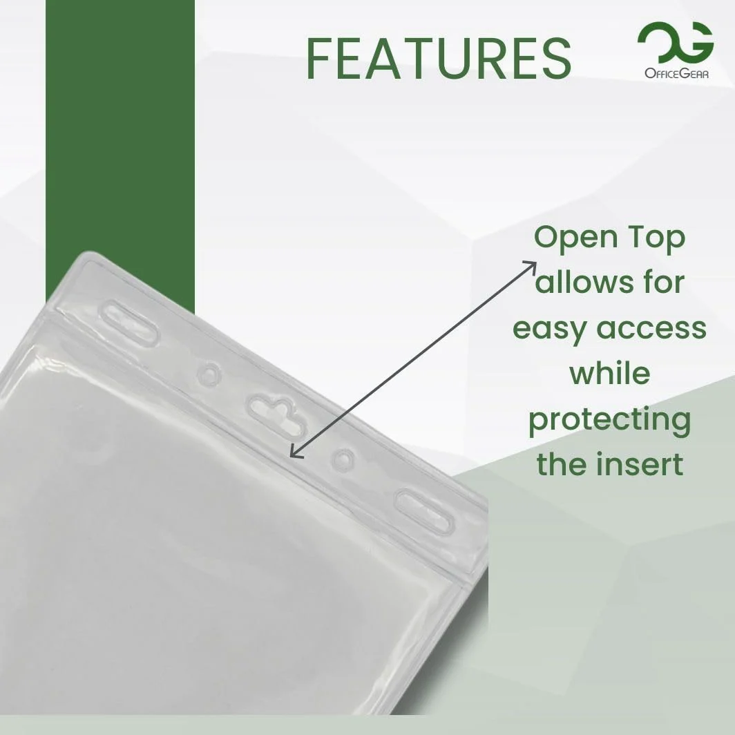 OfficeGear Porta badge per eventi [confezione da 100] da appendere verticalmente, formato A6 (105 x 150 mm) più 100 clip da bavero, parte superiore aperta per carte d'identità, passaporti, delegati