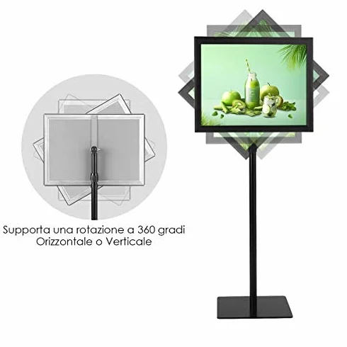 GYMAX A3 Stand Poster Menù, Supporto per Informazioni, Espositore da Terra, Altezza Regolabile, Pannello Girevole, Porta Pubblicità Ideale per Negozio, Ristorante e Bar, in Acciaio INOX (Nero)