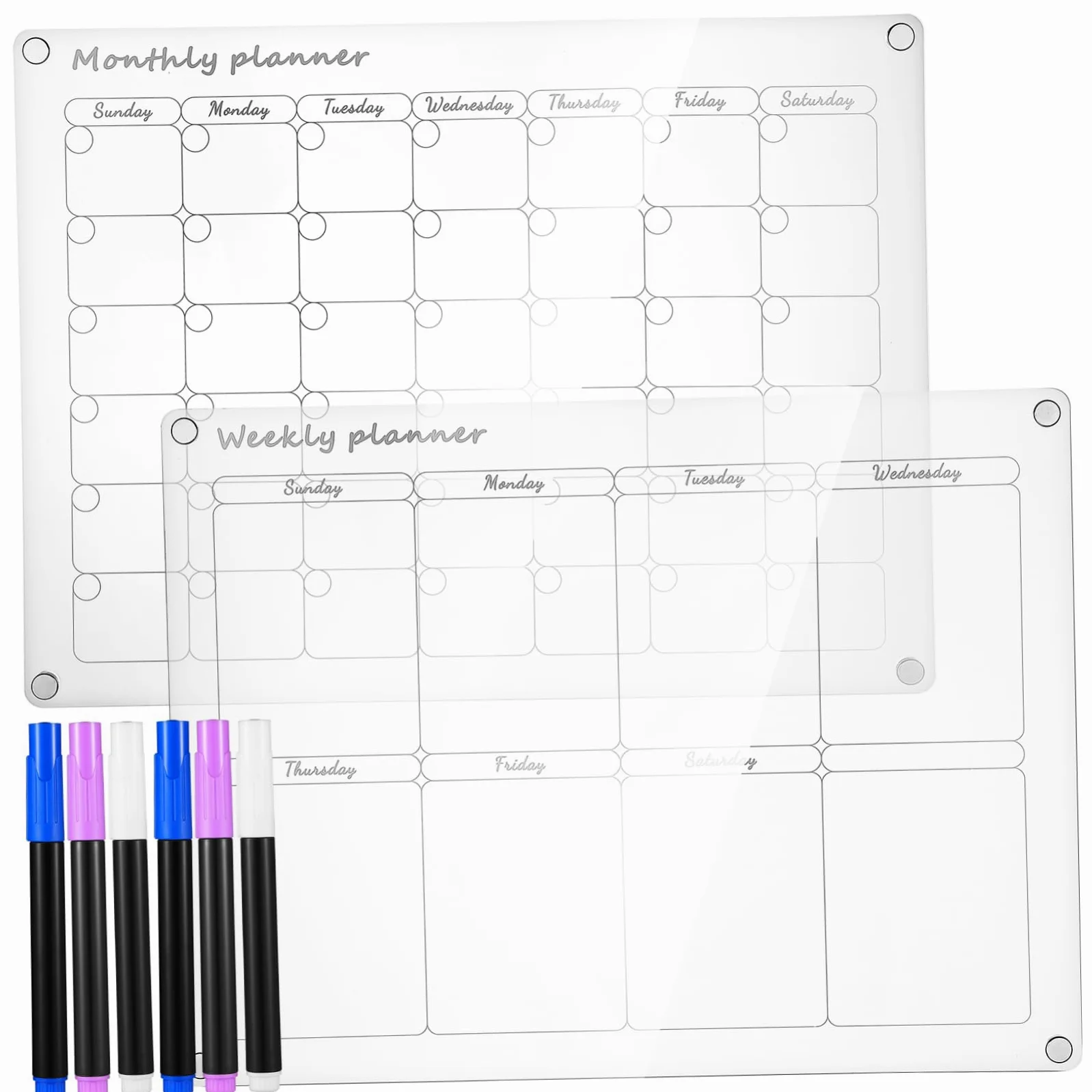 Lavagna in Acrilico 2 Pezzi, Planner Settimanale e Mensile | Trasparente, Finitura Accurata con Bordi Lisci e Angoli Smussati, Design Antiscivolo e Facile da Pulire