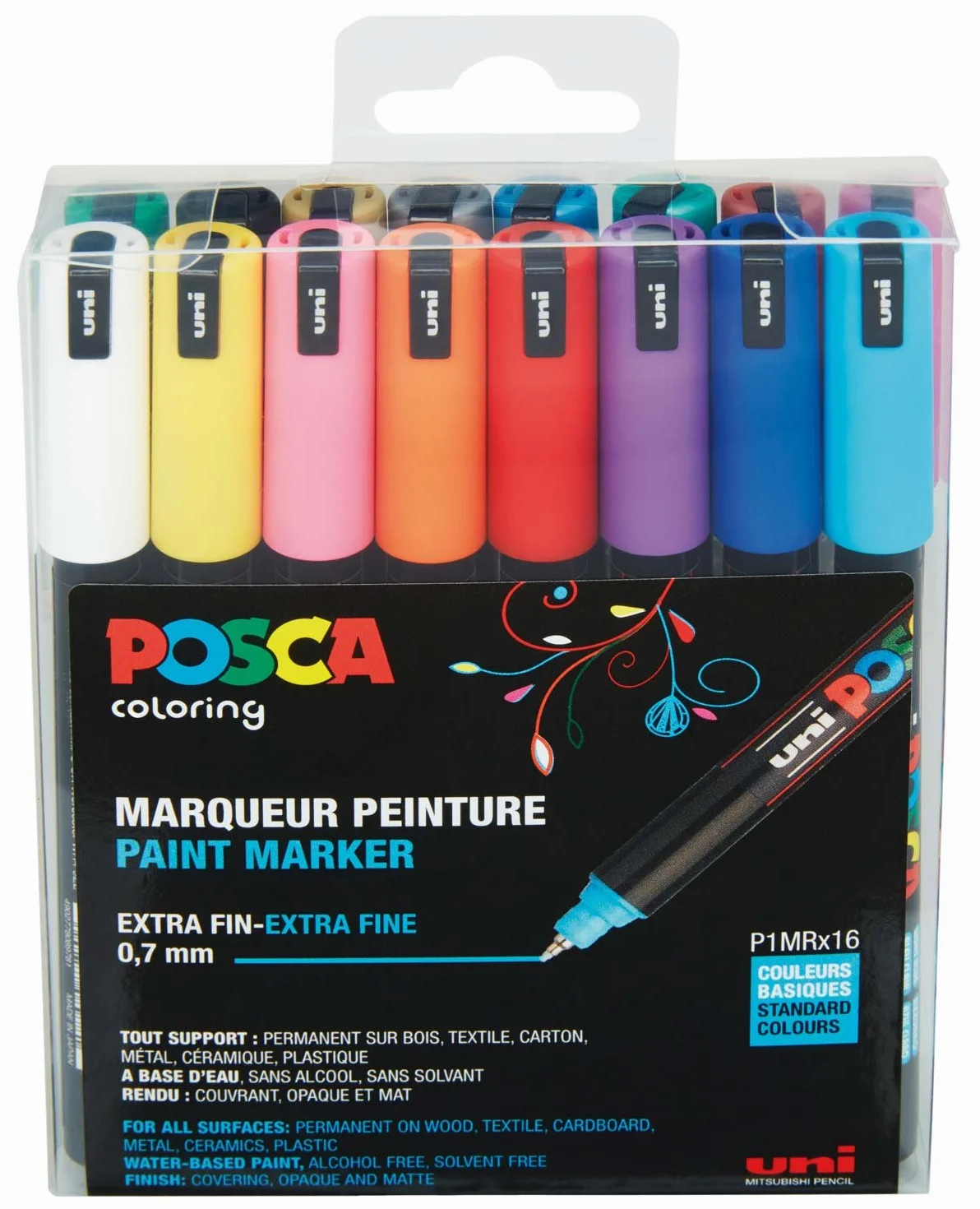 POSCA - Pennarello acrilico PC-1MR, set da 16, punta tonda da 0,7 mm | 16 pennarelli, inchiostro a base d'acqua a pigmenti, elevata coprenza, per quasi tutte le superfici, punta sostituibile