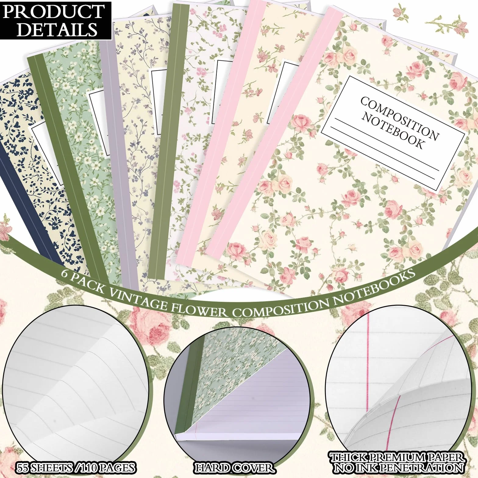 MotiMind 6 quaderni per composizione universitaria a righe di carta con fiori per il rientro a scuola, 110 pagine, 19 x 24 cm, diario regalo per il primo giorno di scuola, studenti e insegnanti