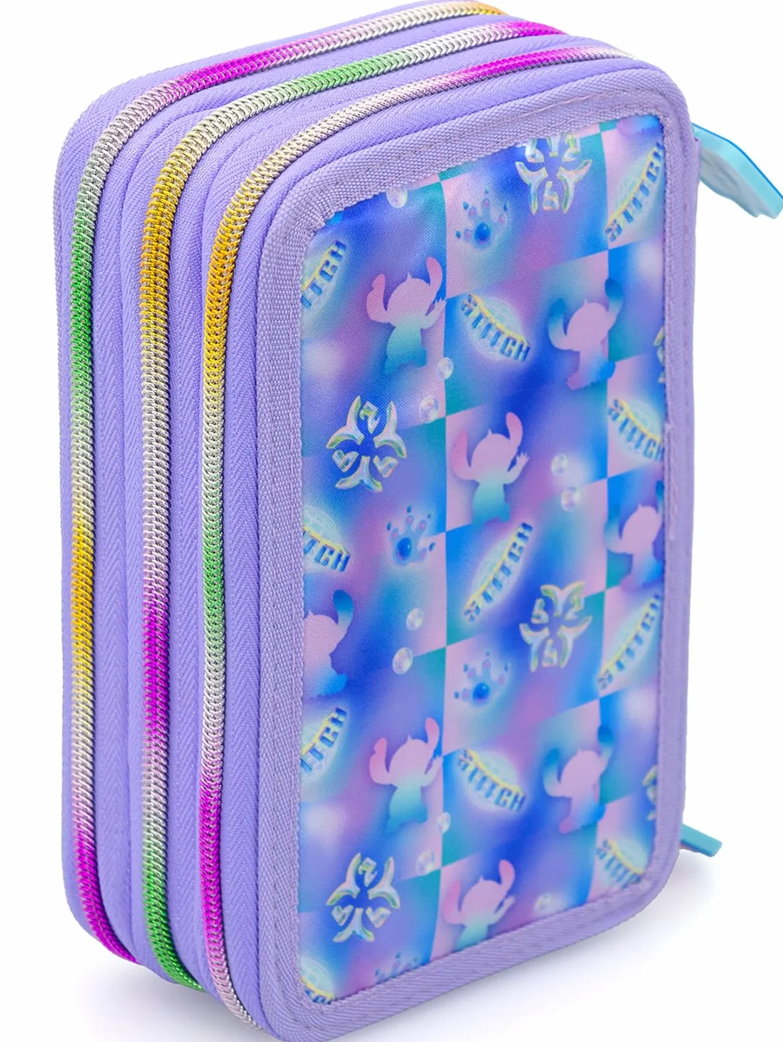 Clondo Astuccio Scuola 3 Scomparti Completo Stitch Fan 46 Accessori Kit Cancelleria Penne Gel Cancellabili Pennarelli Pastelli Colla Evidenziatore