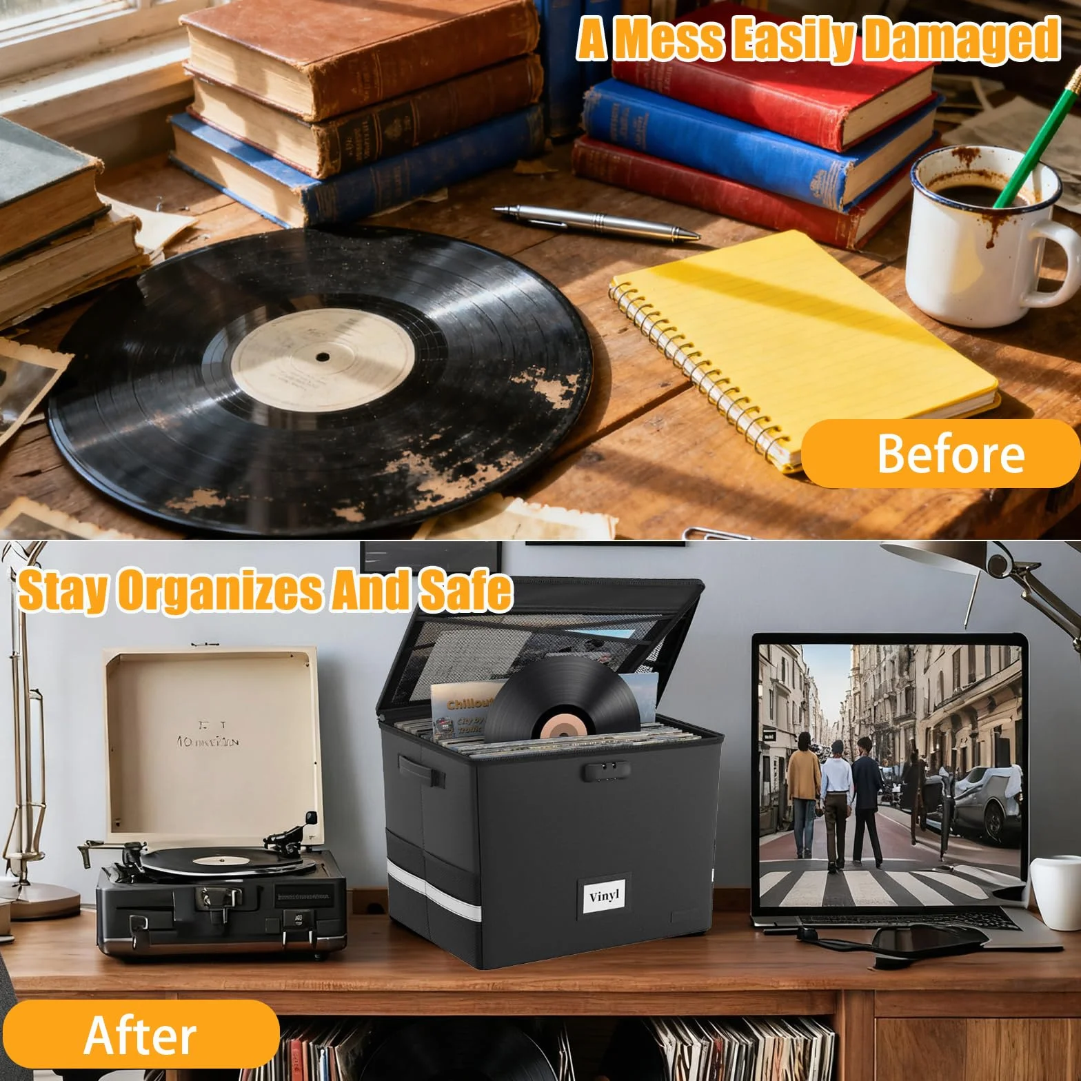 Scatola portaoggetti per dischi in vinile con serratura, ignifugo e impermeabile, organizer pieghevole per casa e ufficio, per raccogliere album preziosi, lettere, cartelle legali, DVD
