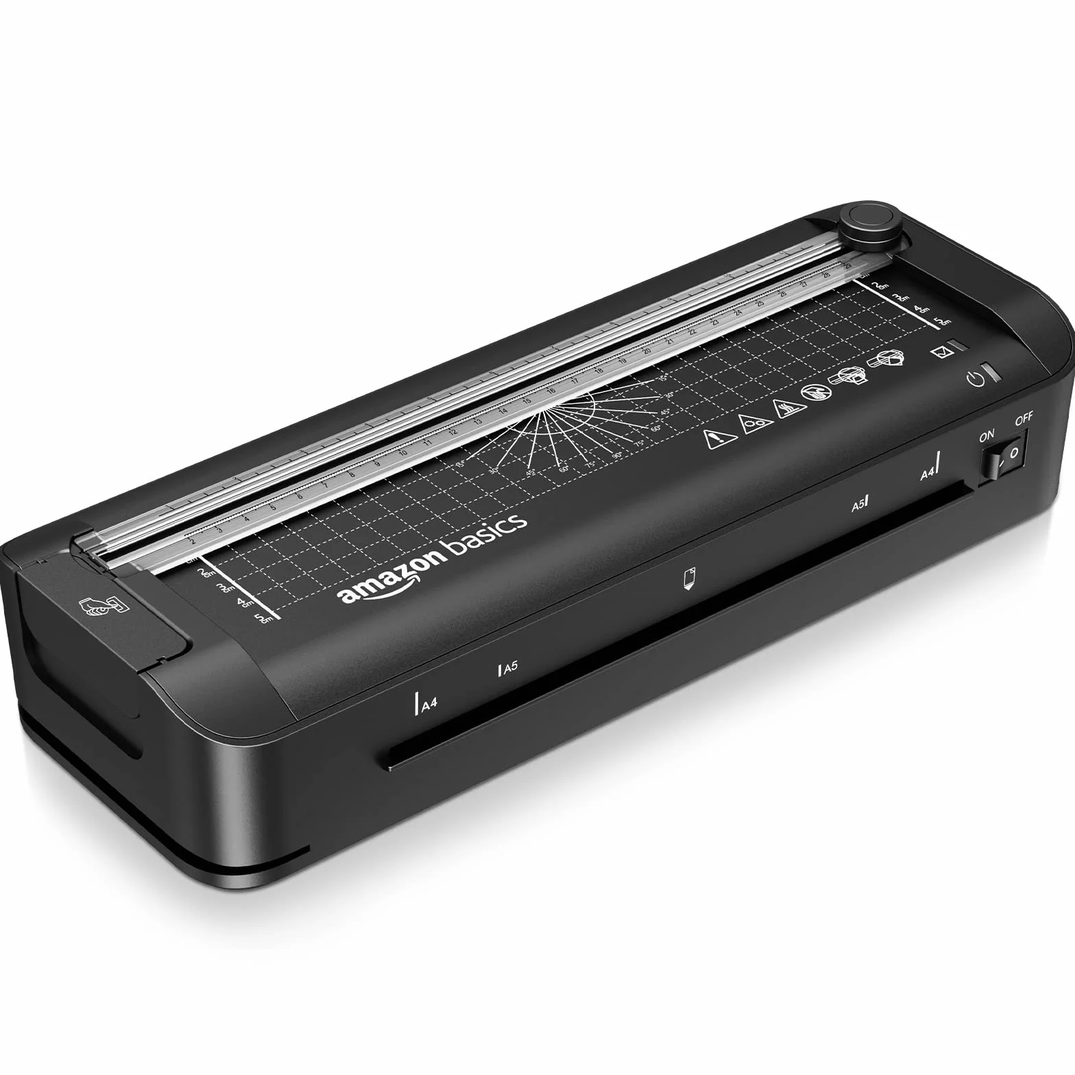 Amazon Basics Plastificatrice termica 3 in 1, formato A4, con funzioni di rifinitura, perforazione e smussamento degli angoli, con 10 pouches incluse, spina del EU, Nero
