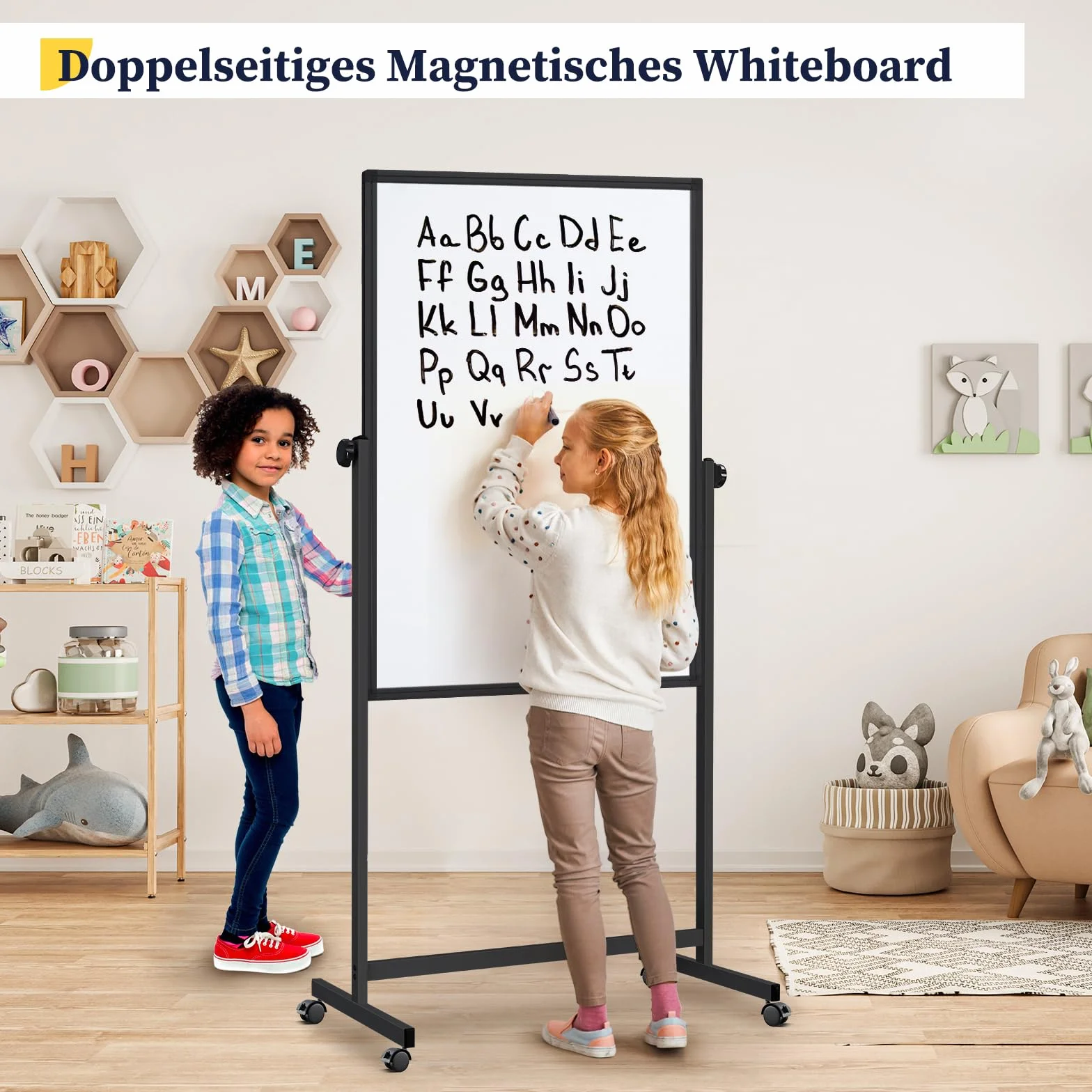 maxtek Lavagna bianca mobile nera 120 x 80 cm, altezza regolabile su entrambi i lati, lavagna magnetica con supporto, per ufficio, aula e casa