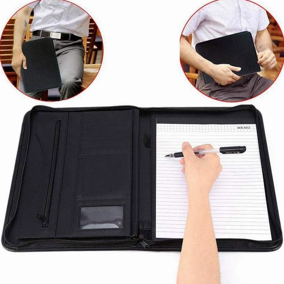 Cartella Portadocumenti A4 Pelle con Cerniera, Cartelle Porta Documenti Organizer Borsa per Conferenza, con fessure e porta biglietti, Nero