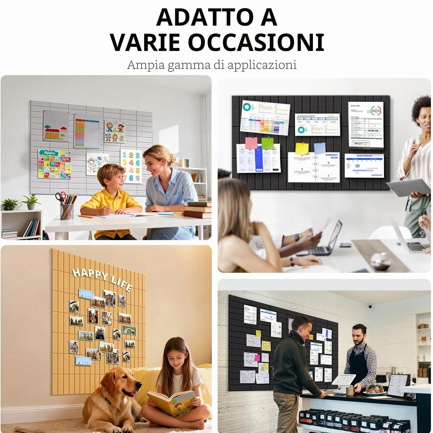 Bacheca in Sughero 120x90 cm, 12 Pezzi con 60 Cuscinetti Adesivi Biadesivi, Bacheca da Parete Memoboard per Casa, Scuola, Ufficio, Camera dei Bambini (Nero)